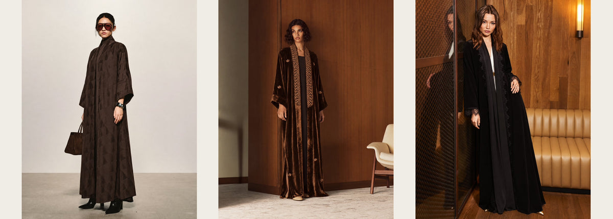 Three autumn looks: a dark brown jacquard abaya, a brown velvet abaya with a beaded lapel, and a black velvet abaya with lace trim