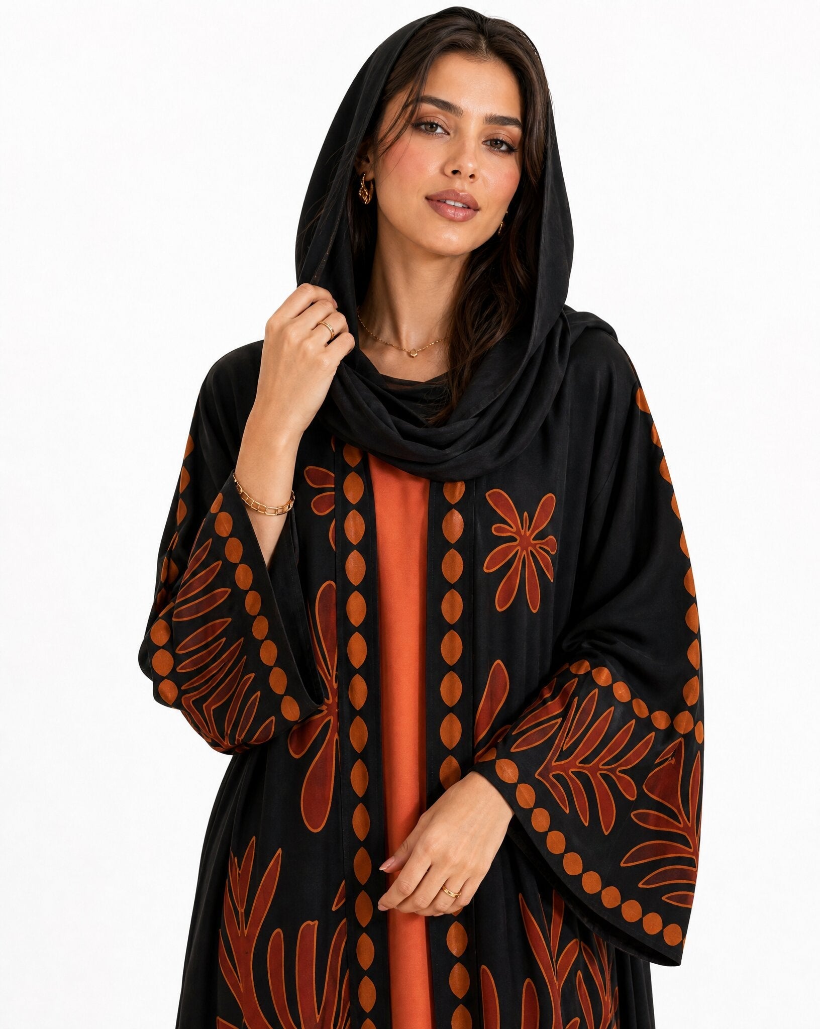 BOTANIKA-BK – Black Crepe Abaya - ORANGE BLOSSOM - MIRA Y MANO