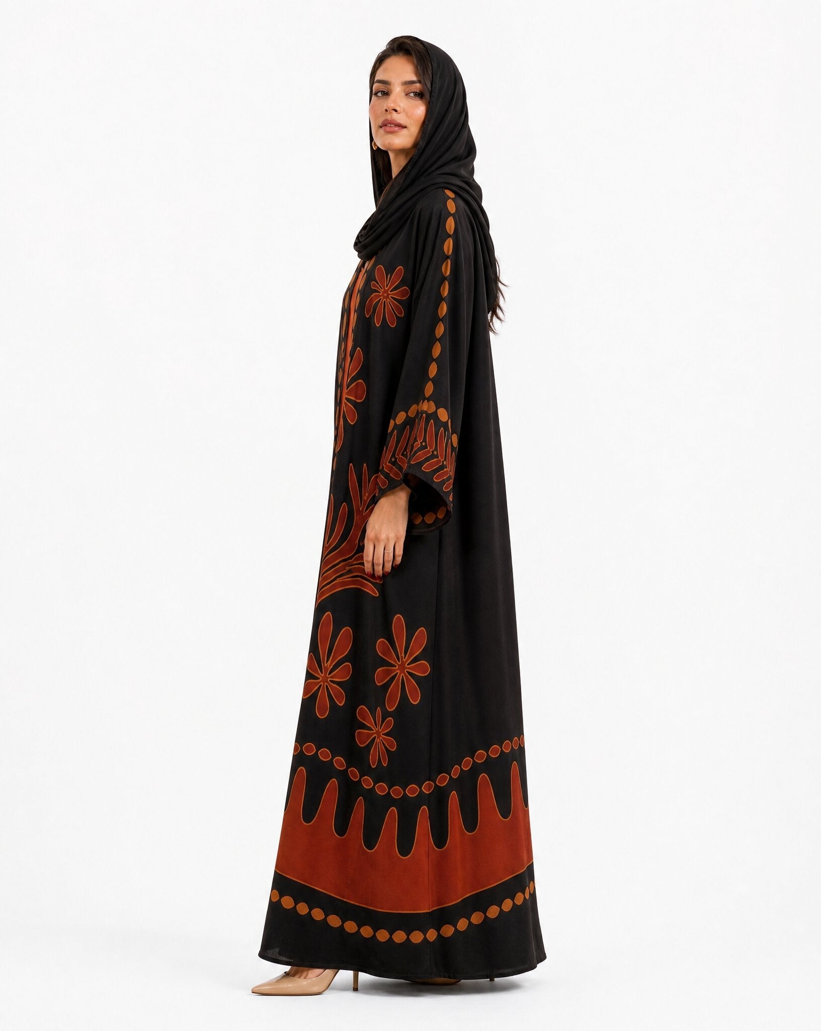 BOTANIKA-BK – Black Crepe Abaya - ORANGE BLOSSOM - MIRA Y MANO