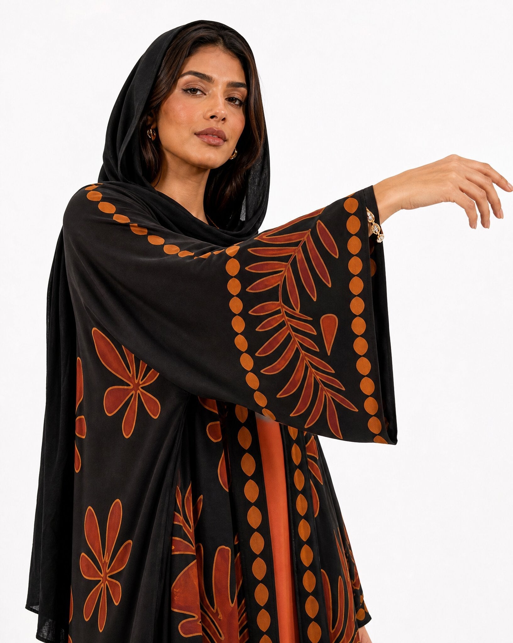BOTANIKA-BK – Black Crepe Abaya - ORANGE BLOSSOM - MIRA Y MANO
