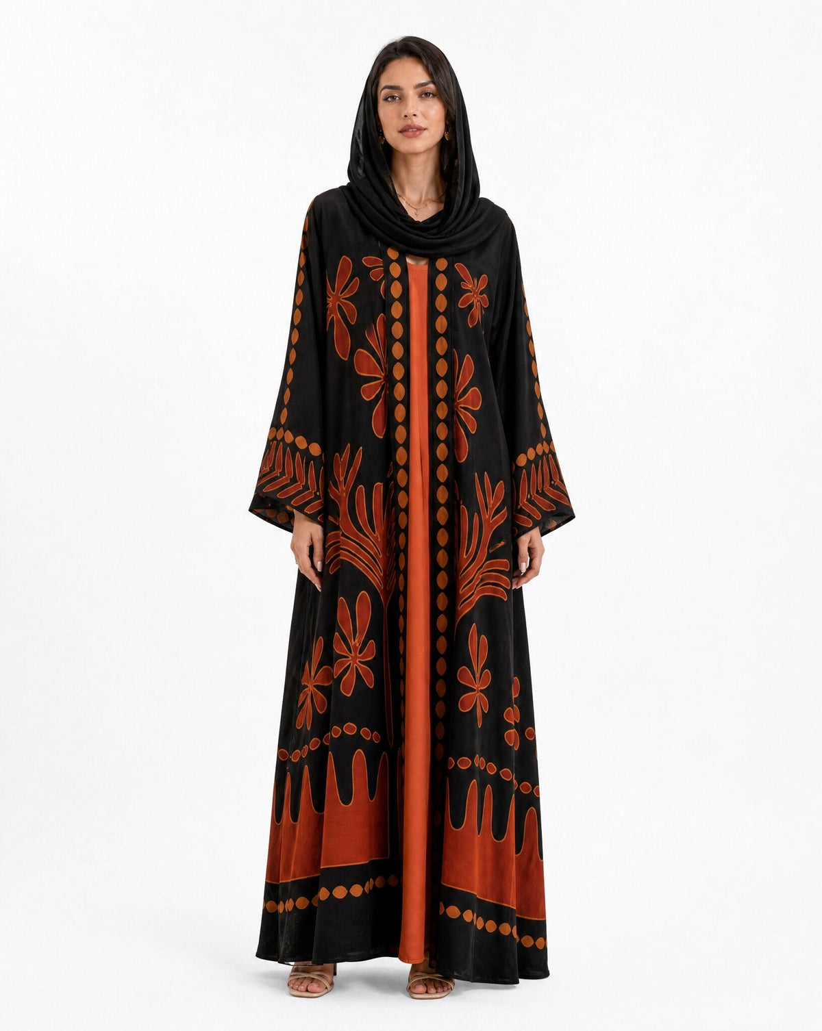 BOTANIKA-BK – Black Crepe Abaya - ORANGE BLOSSOM - MIRA Y MANO