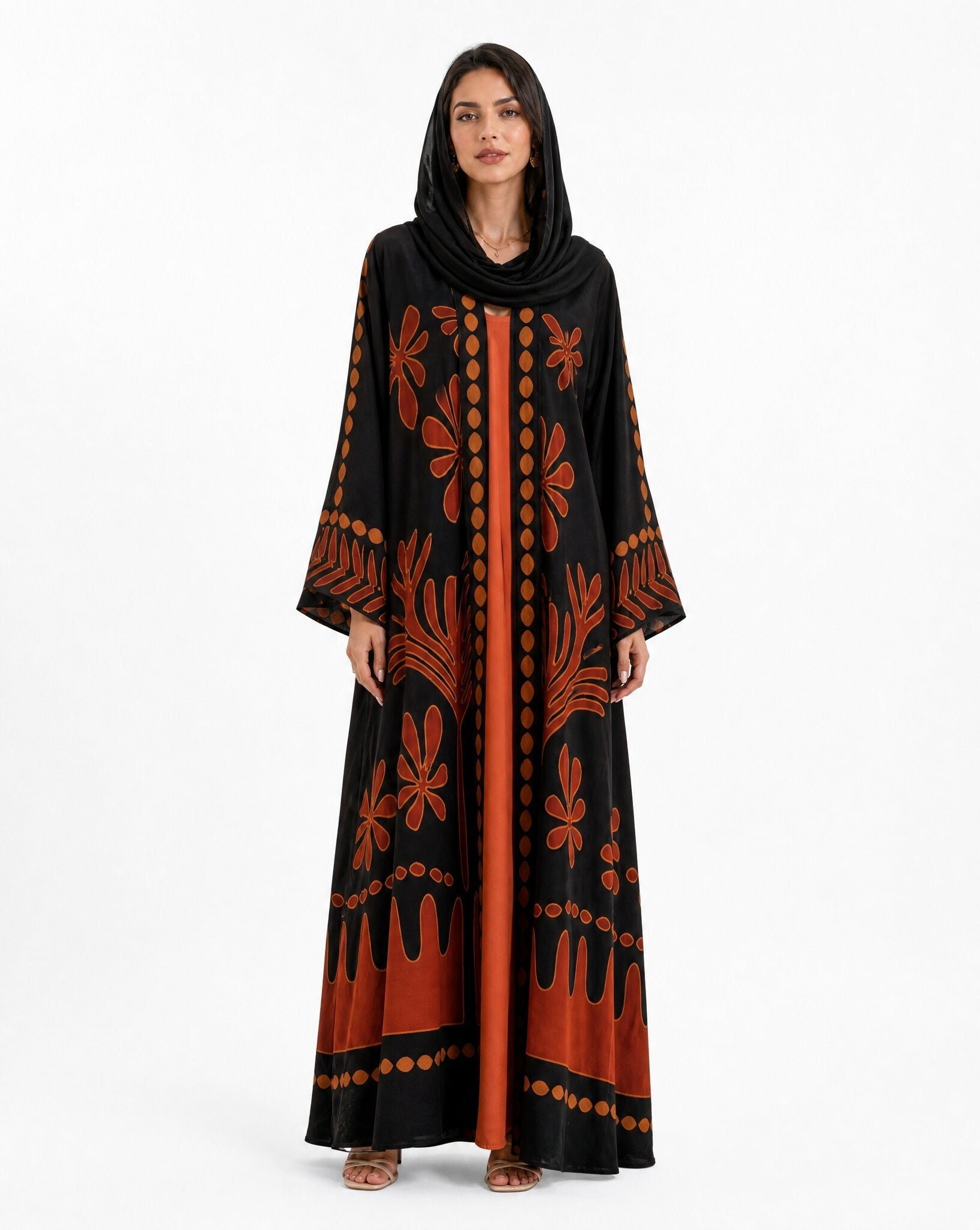 BOTANIKA-BK – Black Crepe Abaya - ORANGE BLOSSOM - MIRA Y MANO
