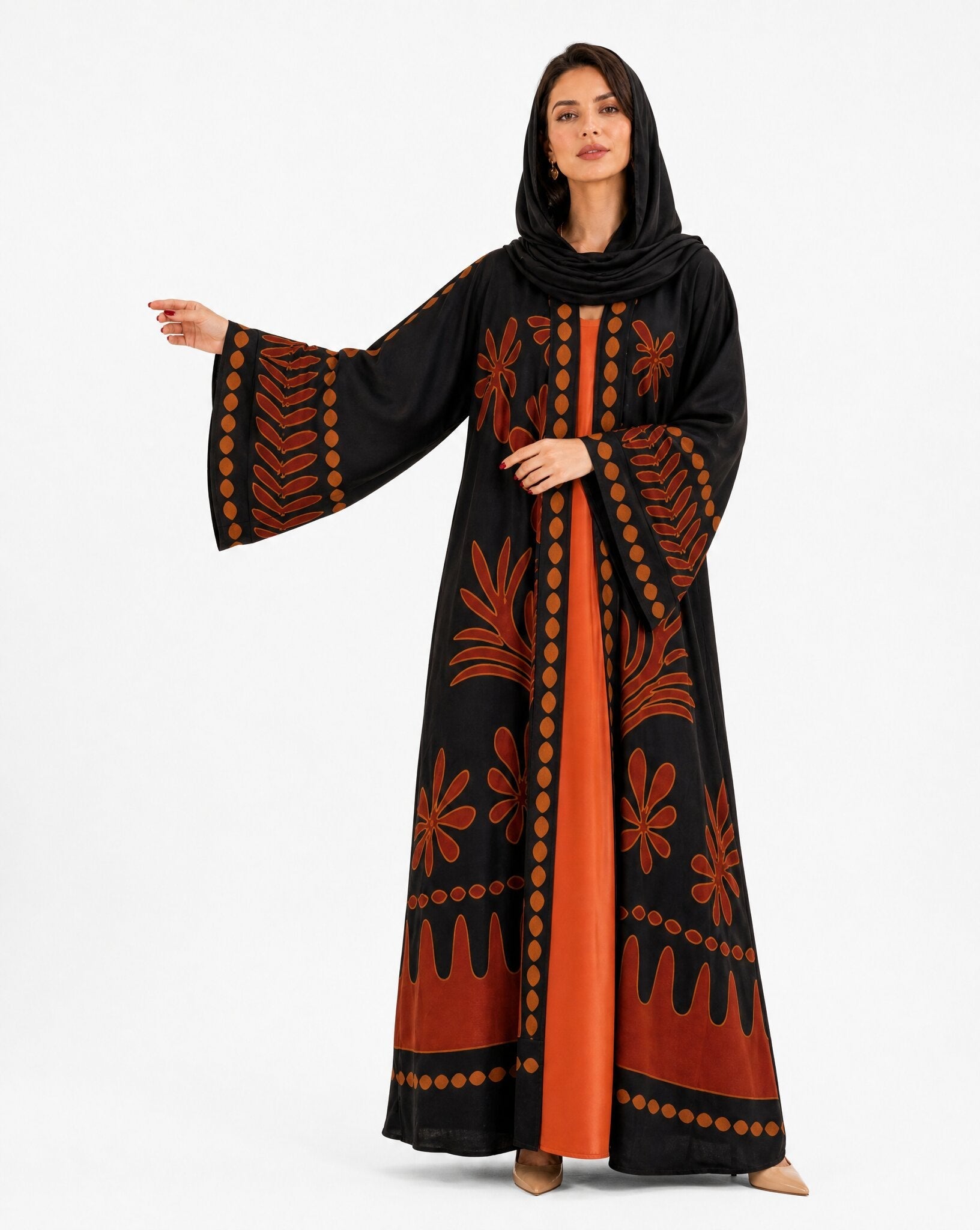 BOTANIKA-BK – Black Crepe Abaya - ORANGE BLOSSOM - MIRA Y MANO