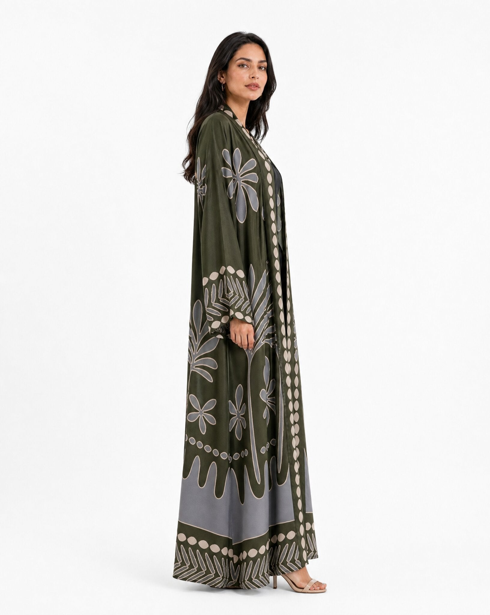 BOTANIKA-DOG – Dark Olive Green Crepe Abaya - ORANGE BLOSSOM - MIRA Y MANO