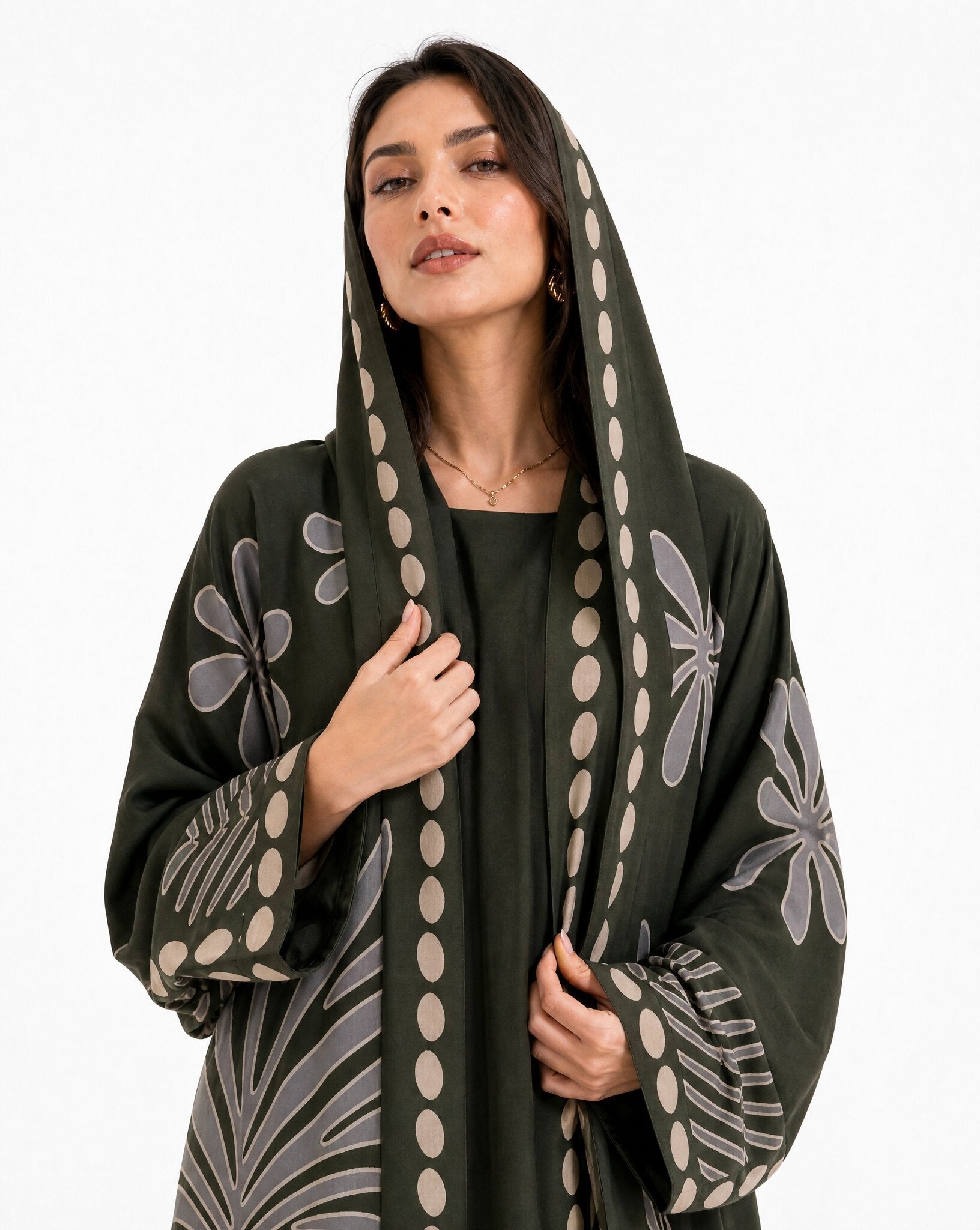 BOTANIKA-DOG – Dark Olive Green Crepe Abaya - ORANGE BLOSSOM - MIRA Y MANO
