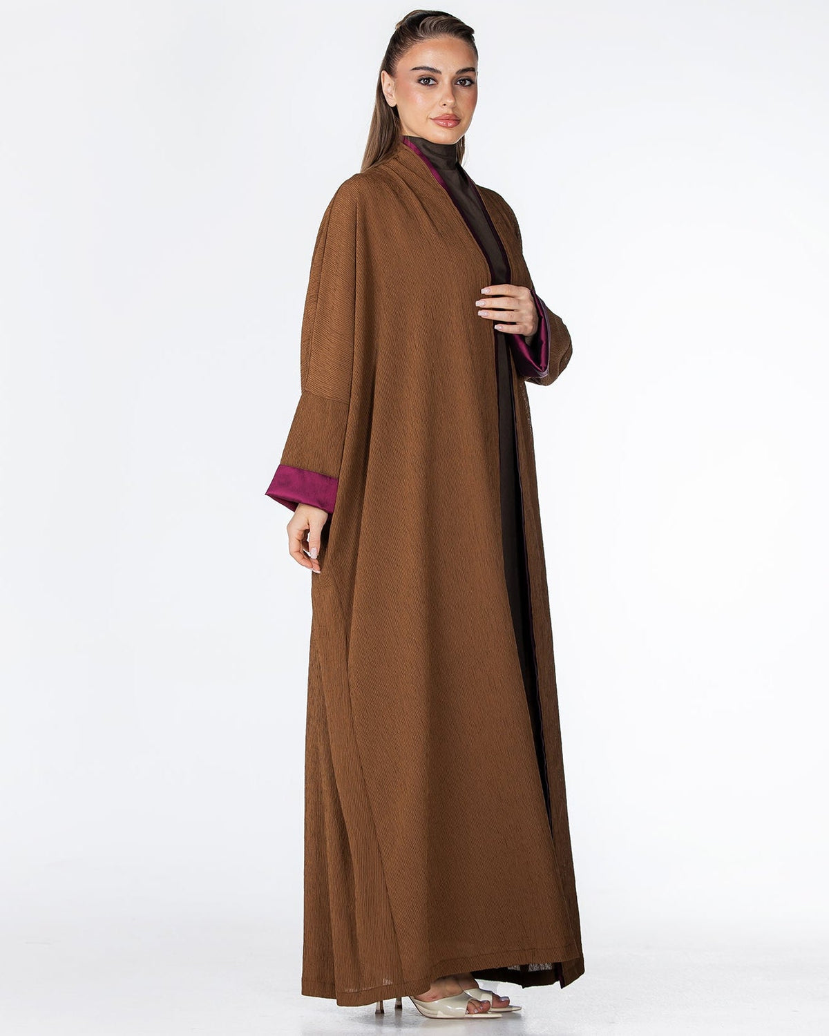CHERRY-SB – Saddle Brown Crepe Abaya - ORANGE BLOSSOM - MIRA Y MANO