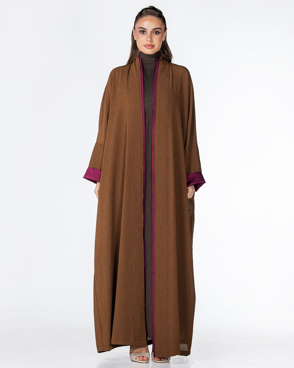 CHERRY-SB – Saddle Brown Crepe Abaya - ORANGE BLOSSOM - MIRA Y MANO