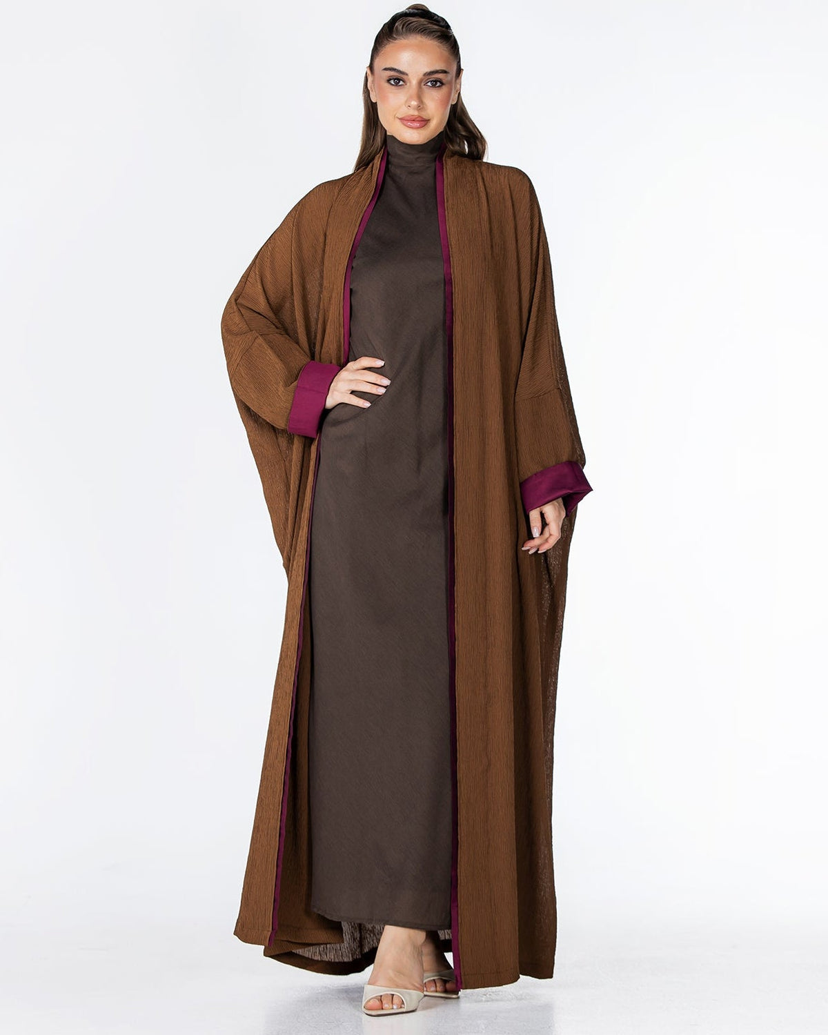 CHERRY-SB – Saddle Brown Crepe Abaya - ORANGE BLOSSOM - MIRA Y MANO