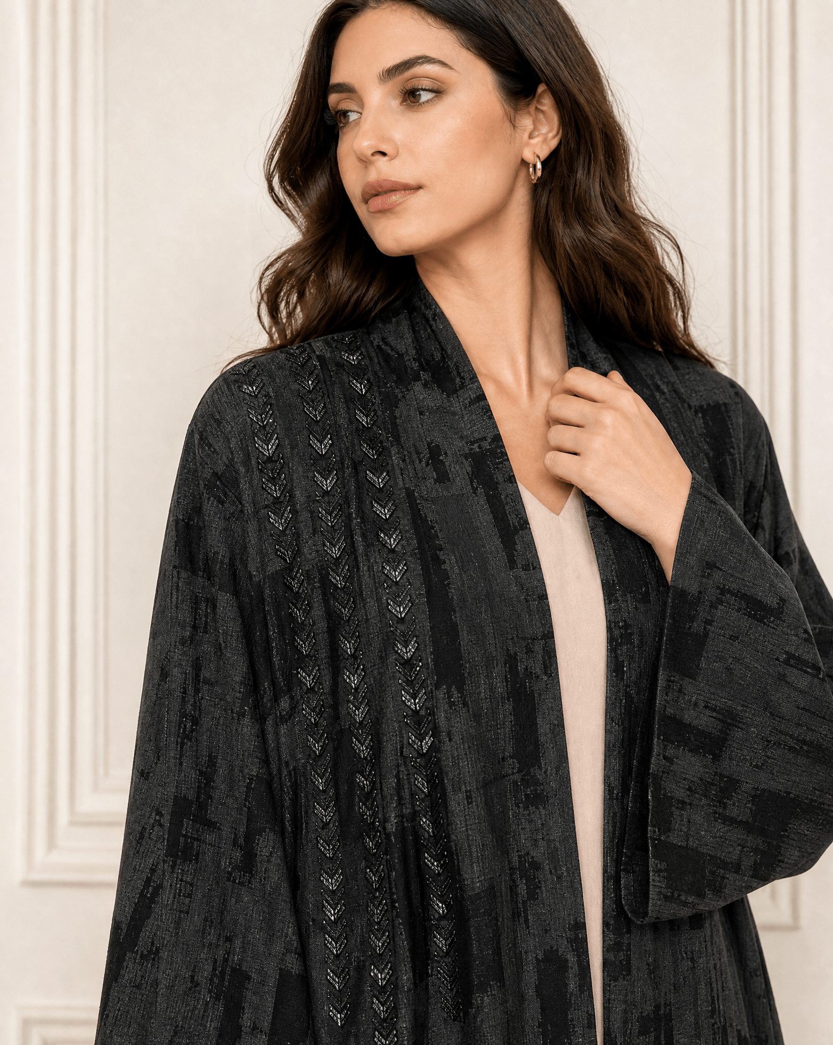 CLARA LUX-BK - Black Washed Silk Abaya - ORANGE BLOSSOM - MIRA Y MANO
