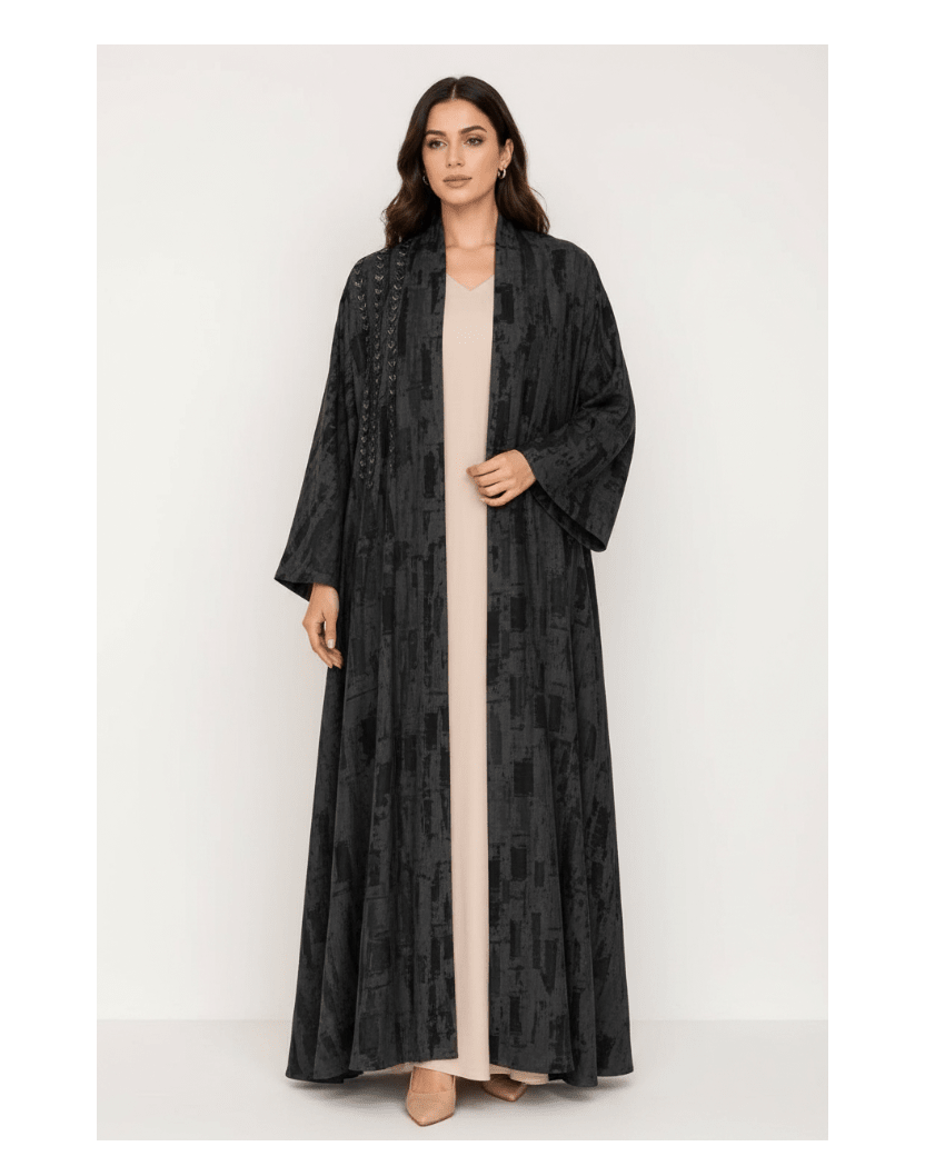 CLARA LUX-BK - Black Washed Silk Abaya - ORANGE BLOSSOM - MIRA Y MANO