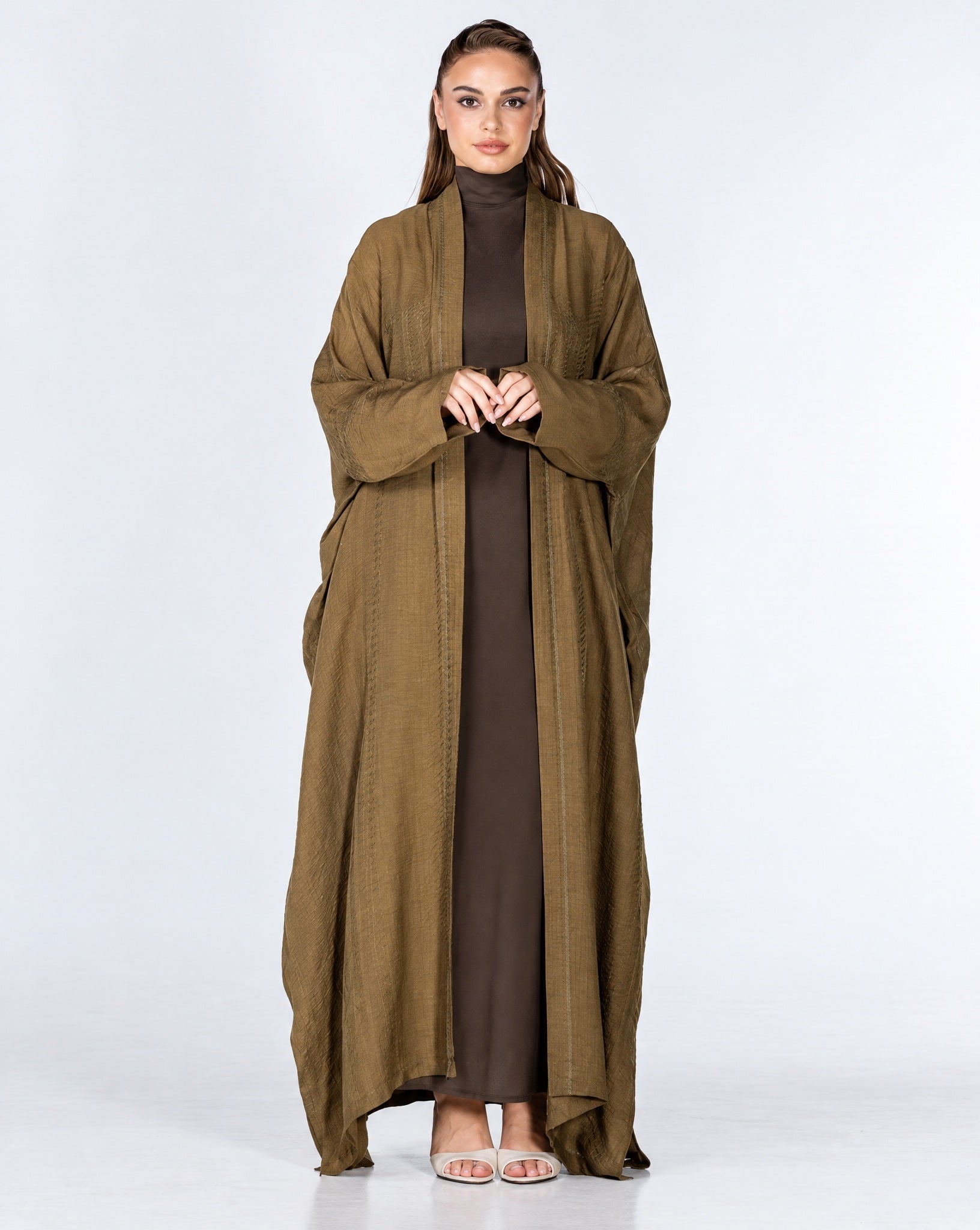 Copper 2.0 – Olive Viscose Linen Abaya - ORANGE BLOSSOM - MIRA Y MANO