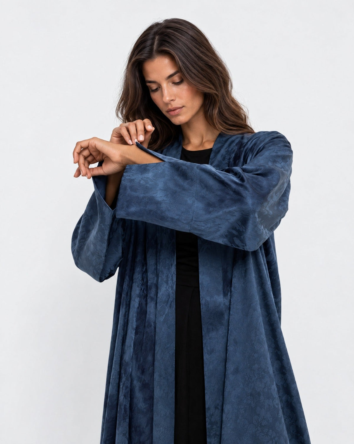 NOVA LUX 510 - Dark Blue Crepe Abaya - ORANGE BLOSSOM - MIRA Y MANO