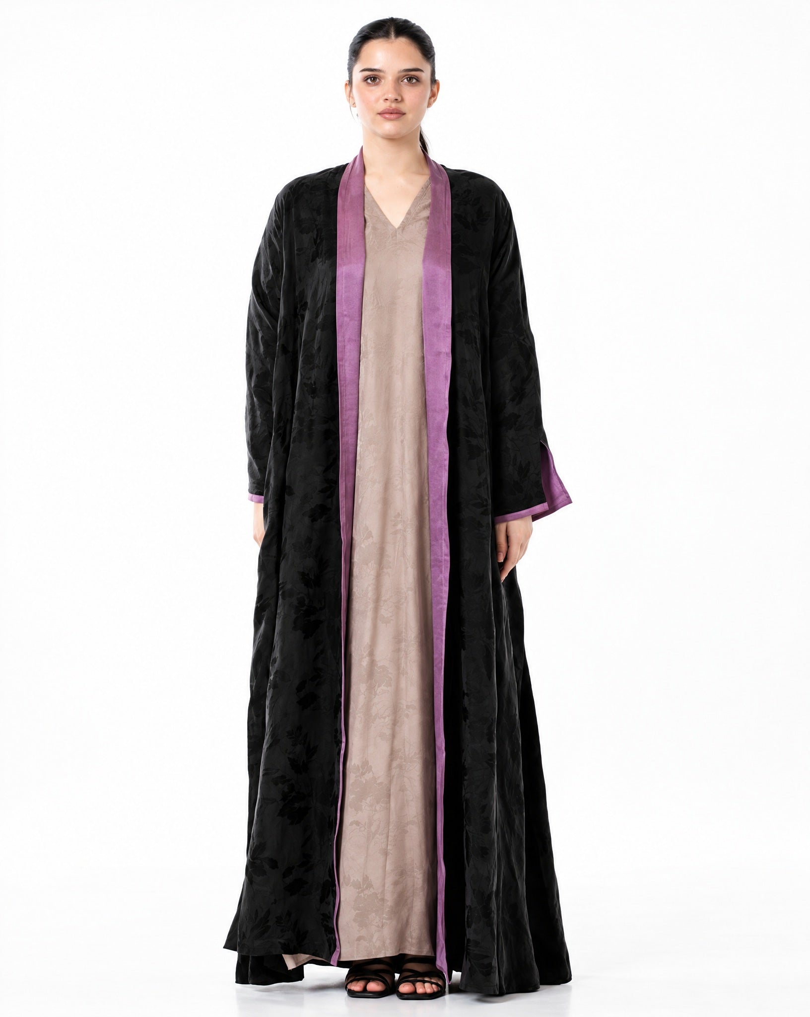 RAYA-BK – Black Washed Silk Abaya - ORANGE BLOSSOM - MIRA Y MANO