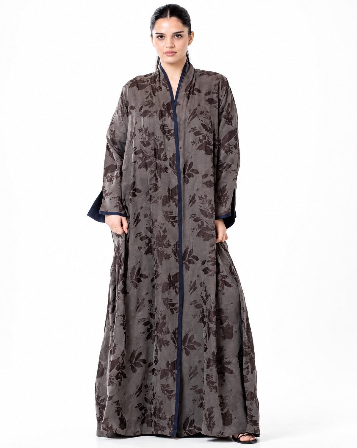 RAYA-GR – Grey Washed Silk Abaya - ORANGE BLOSSOM - MIRA Y MANO