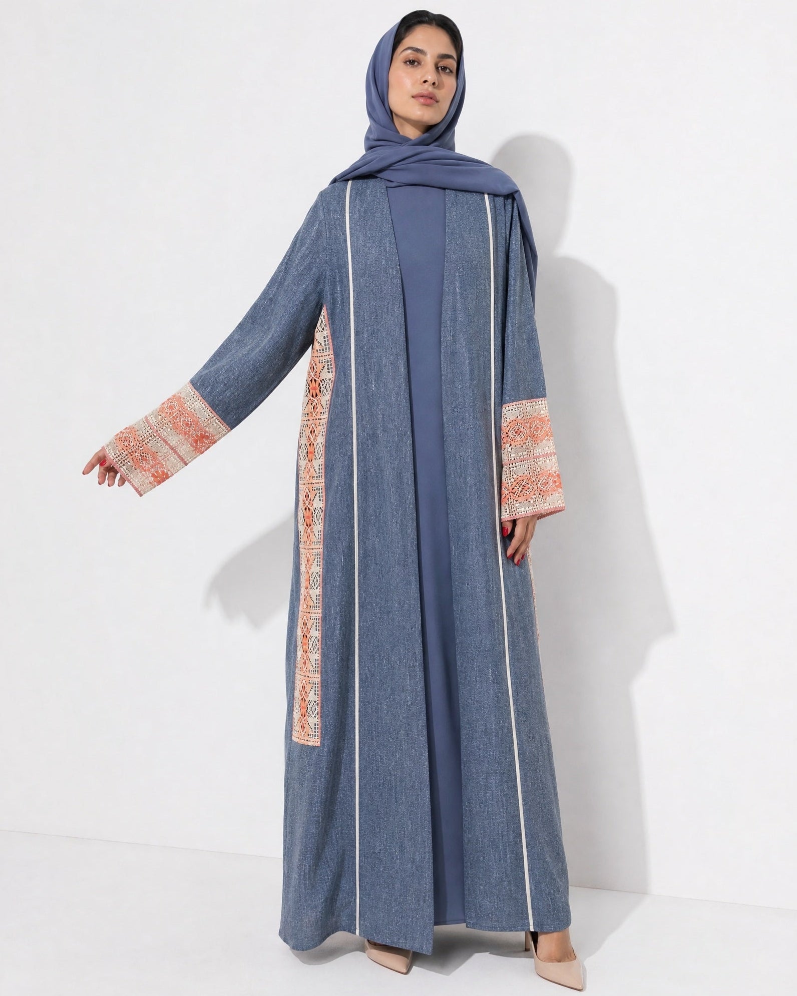 3399180-B Steel Blue Linen Abaya - PEARL COLLECTION - MIRA Y MANO