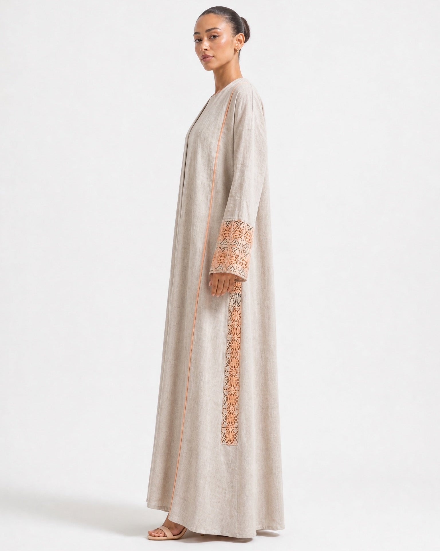 3399180-BG1 – Beige Linen Abaya - PEARL COLLECTION - MIRA Y MANO