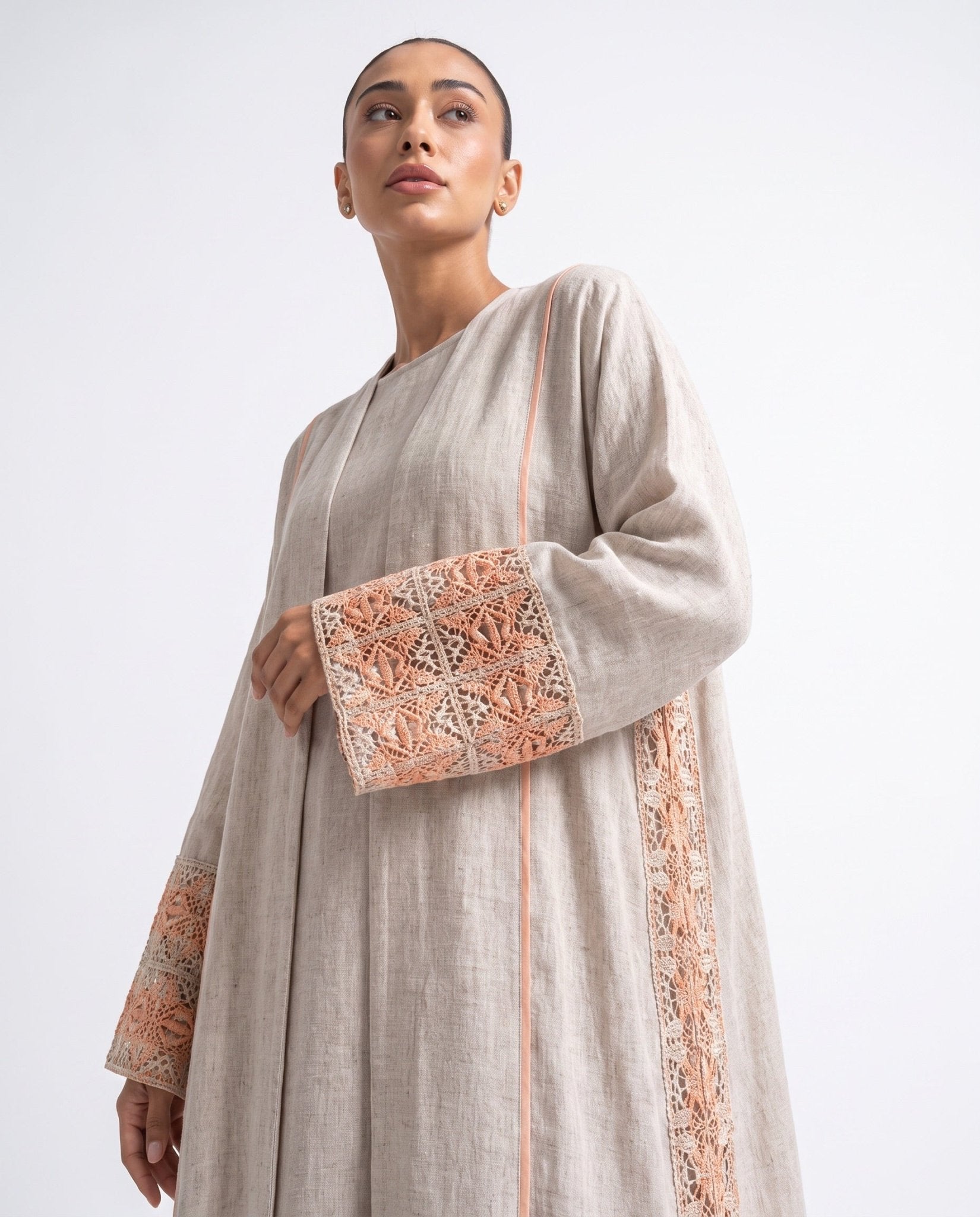 3399180-BG1 – Beige Linen Abaya - PEARL COLLECTION - MIRA Y MANO