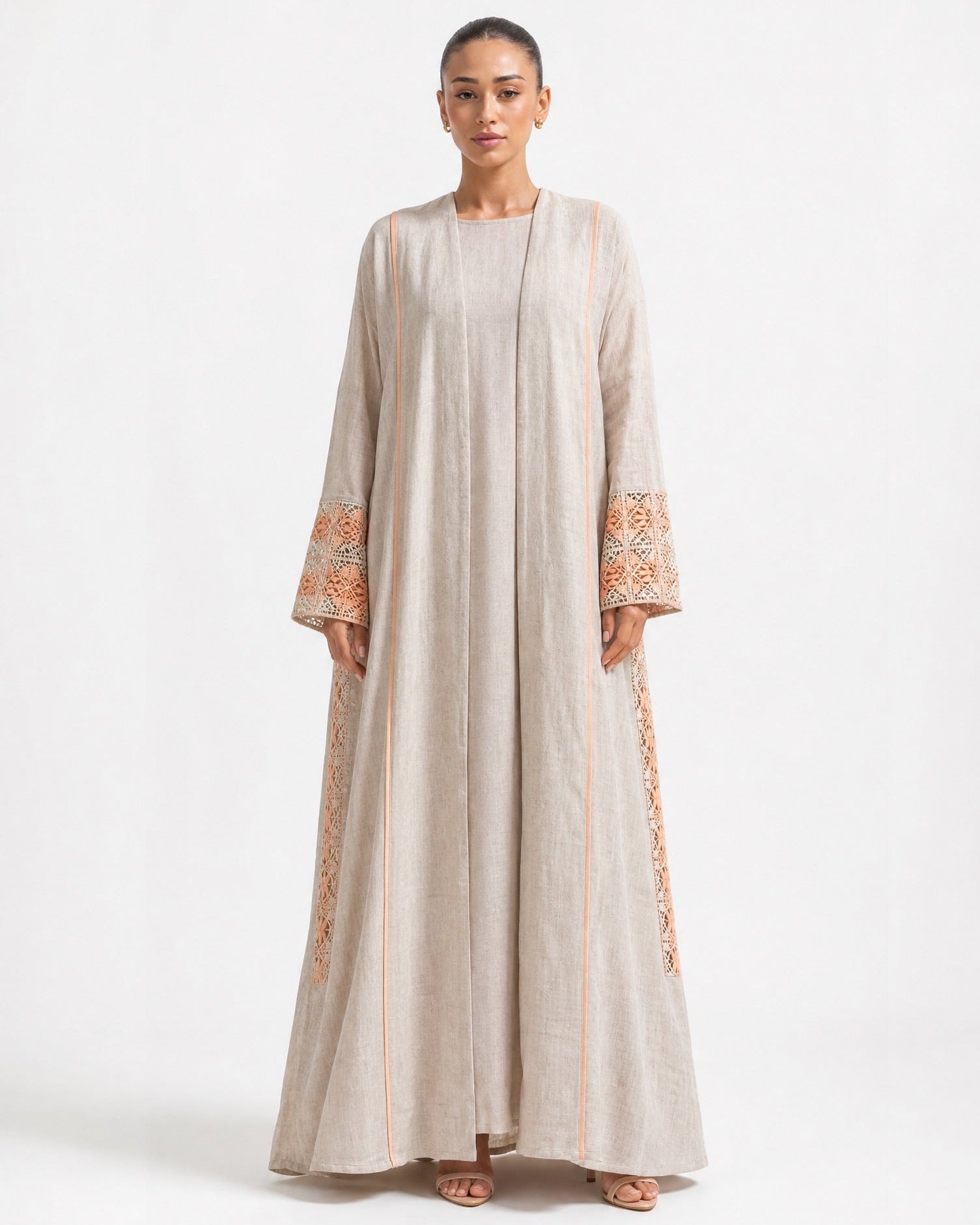 3399180-BG1 – Beige Linen Abaya - PEARL COLLECTION - MIRA Y MANO