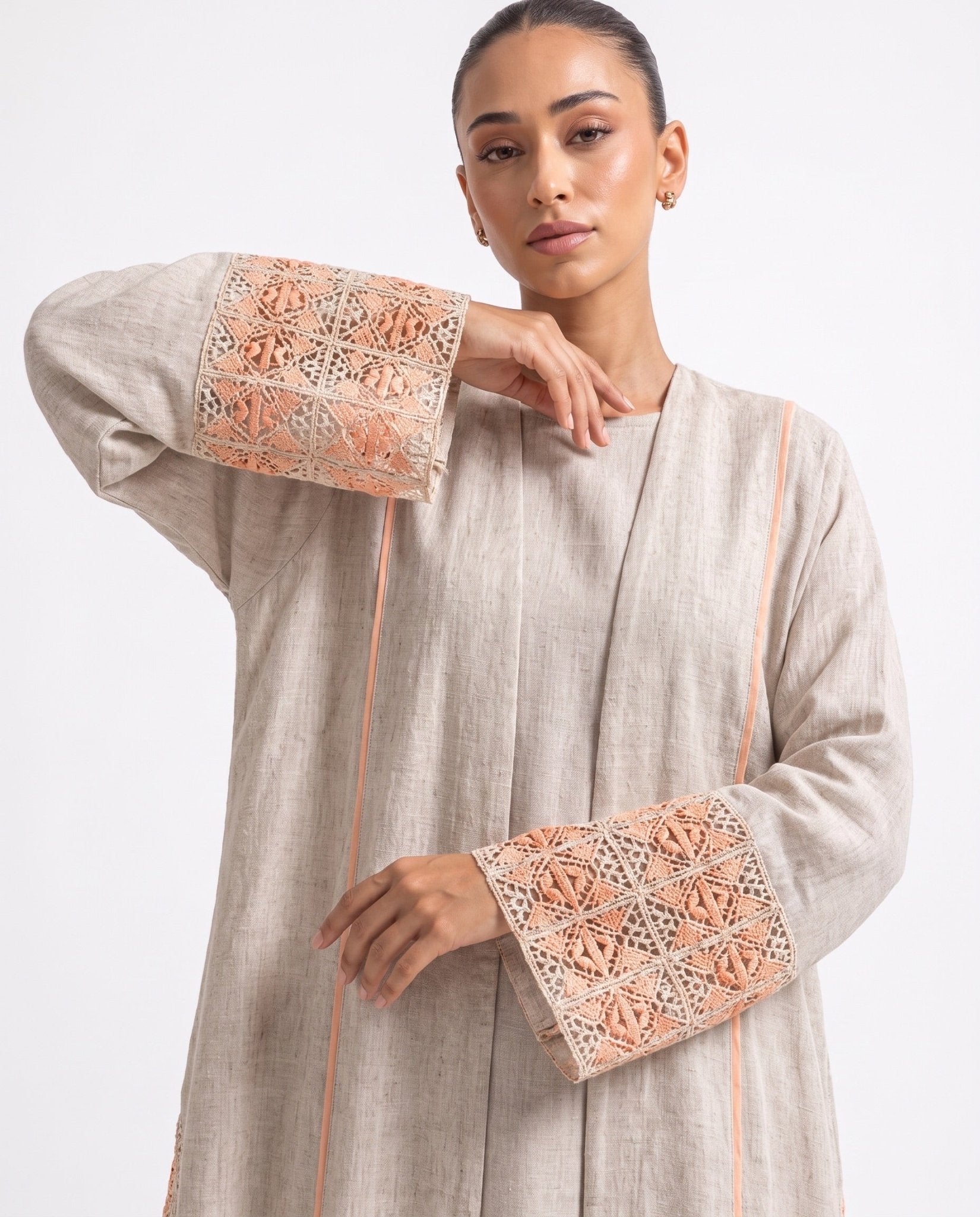 3399180-BG1 – Beige Linen Abaya - PEARL COLLECTION - MIRA Y MANO