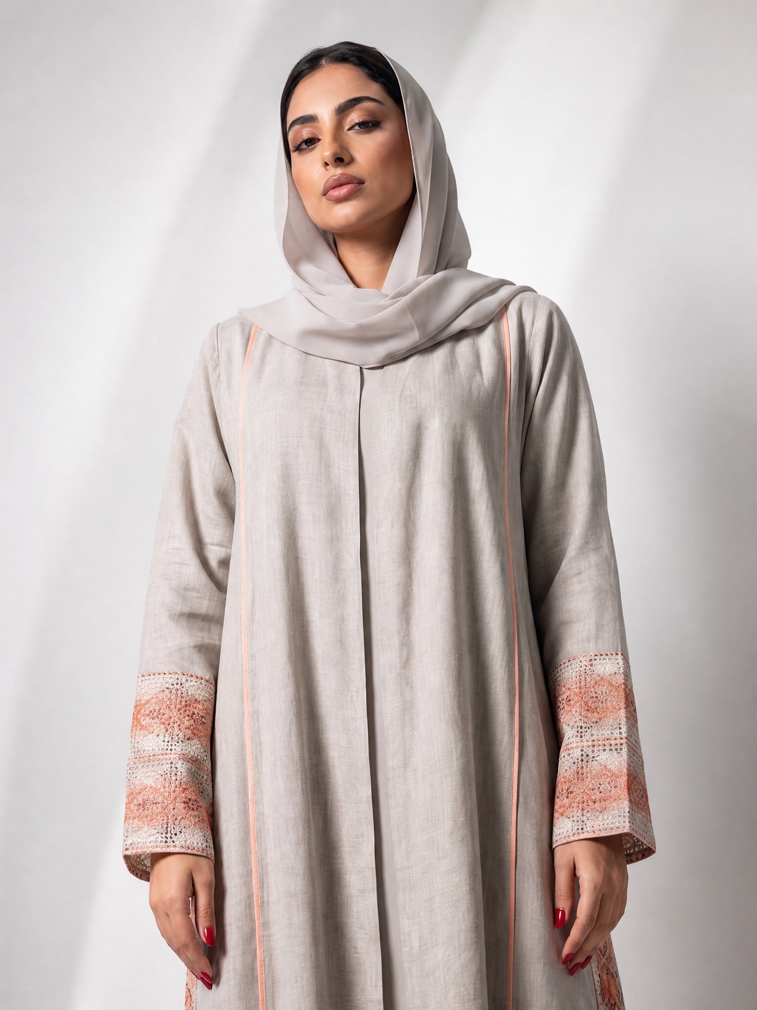 3399180-BG1A - Beige Linen Abaya - PEARL COLLECTION - MIRA Y MANO