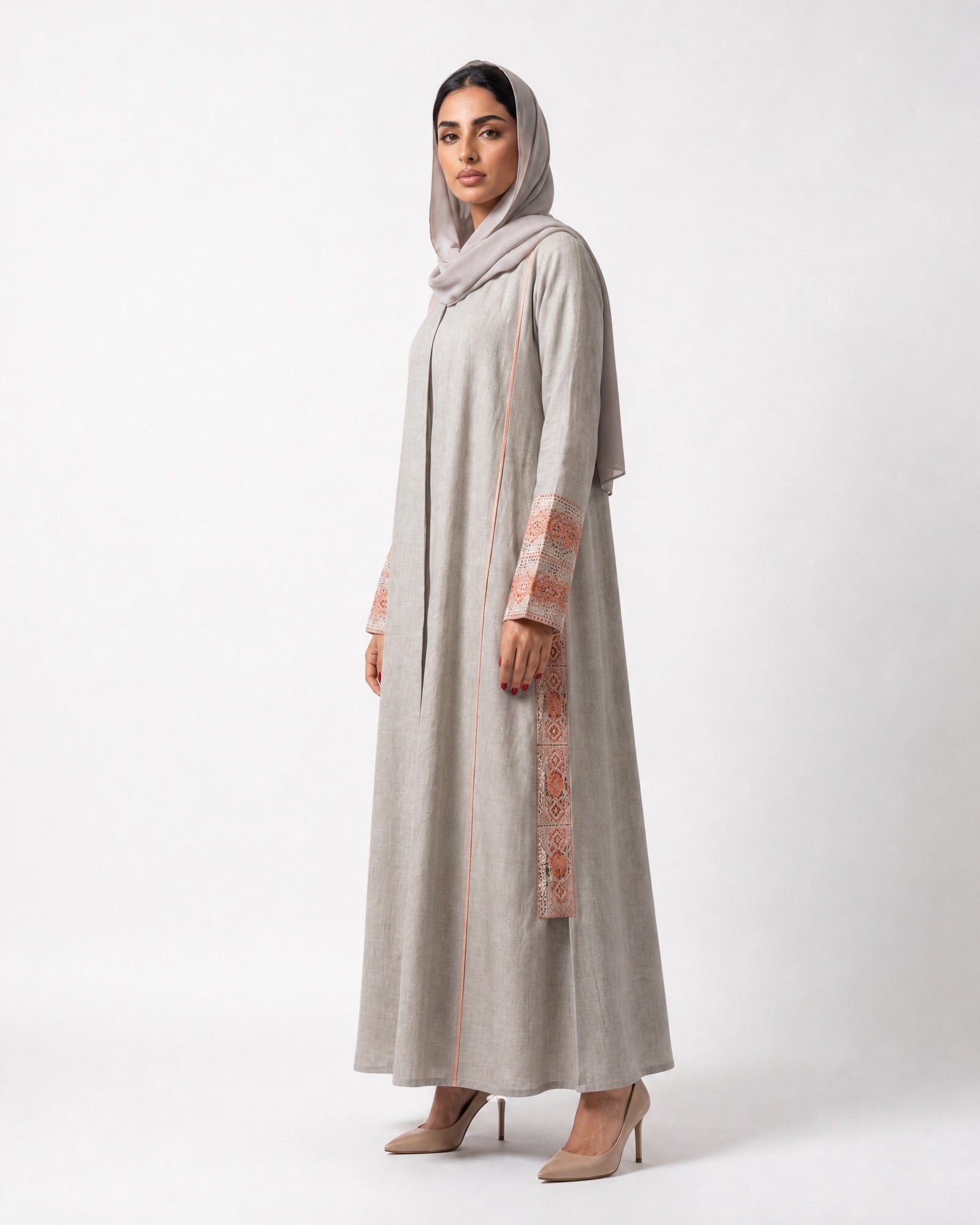 3399180-BG1A - Beige Linen Abaya - PEARL COLLECTION - MIRA Y MANO