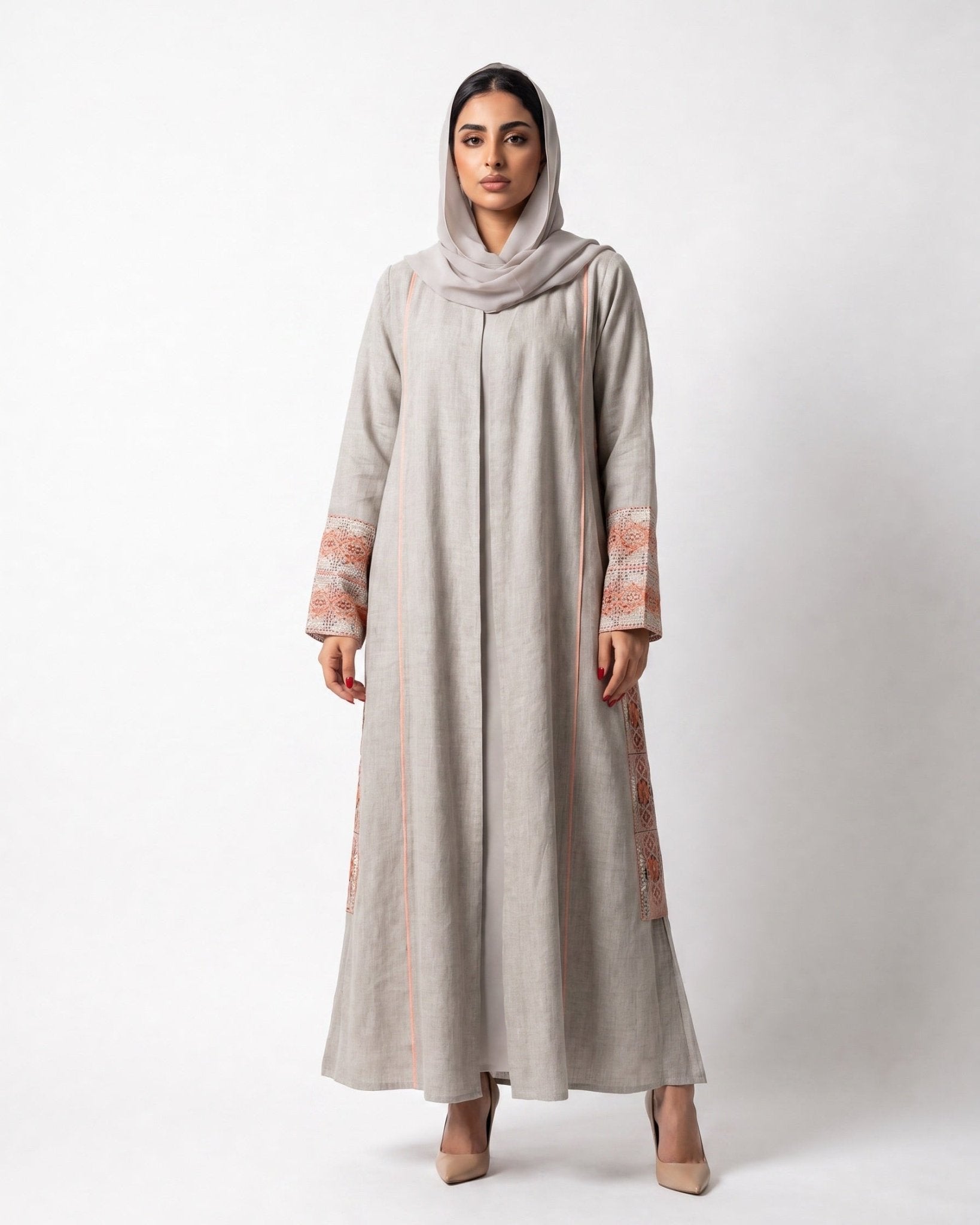 3399180-BG1A - Beige Linen Abaya - PEARL COLLECTION - MIRA Y MANO