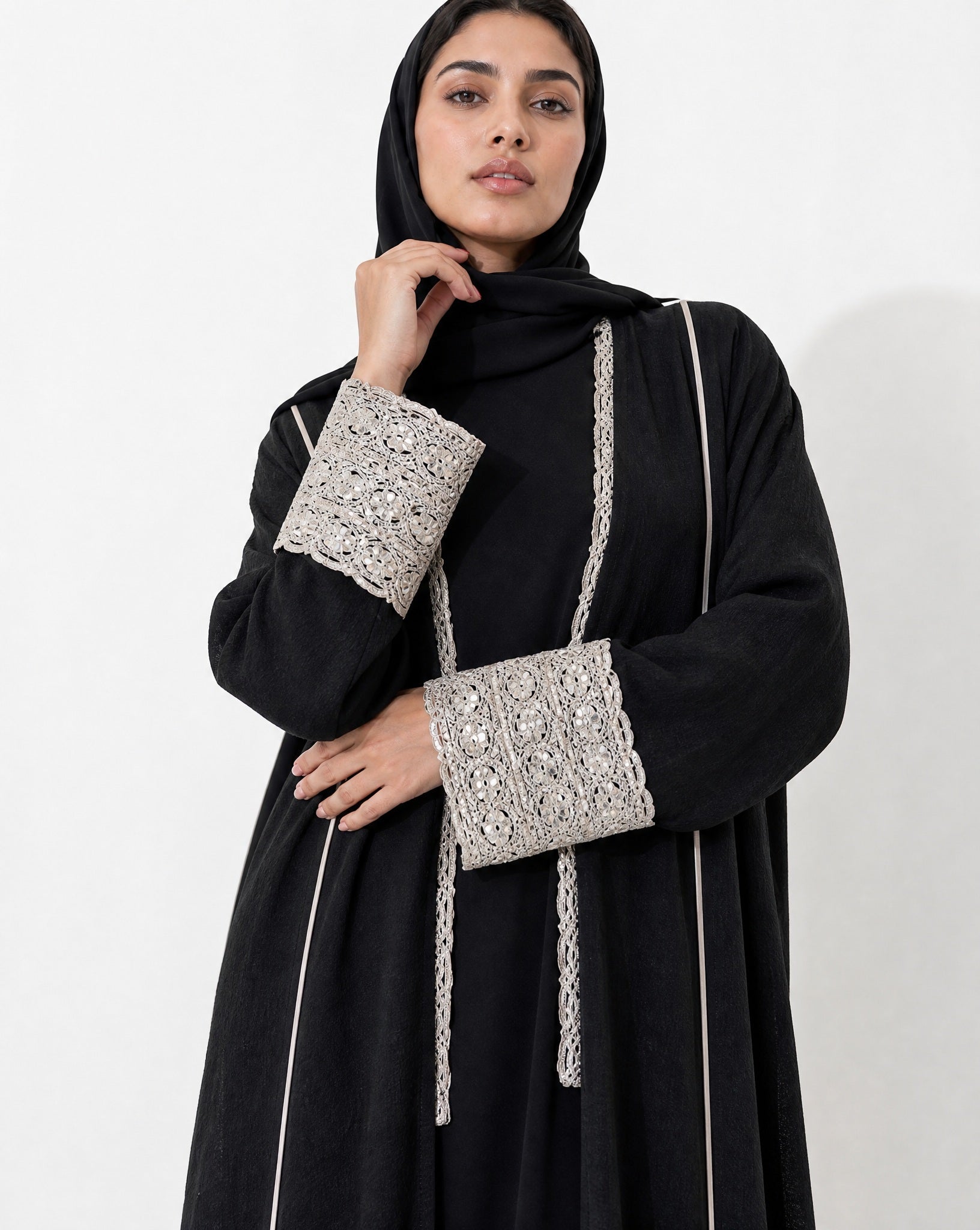 3399180-BK – Black Linen Abaya - PEARL COLLECTION - MIRA Y MANO