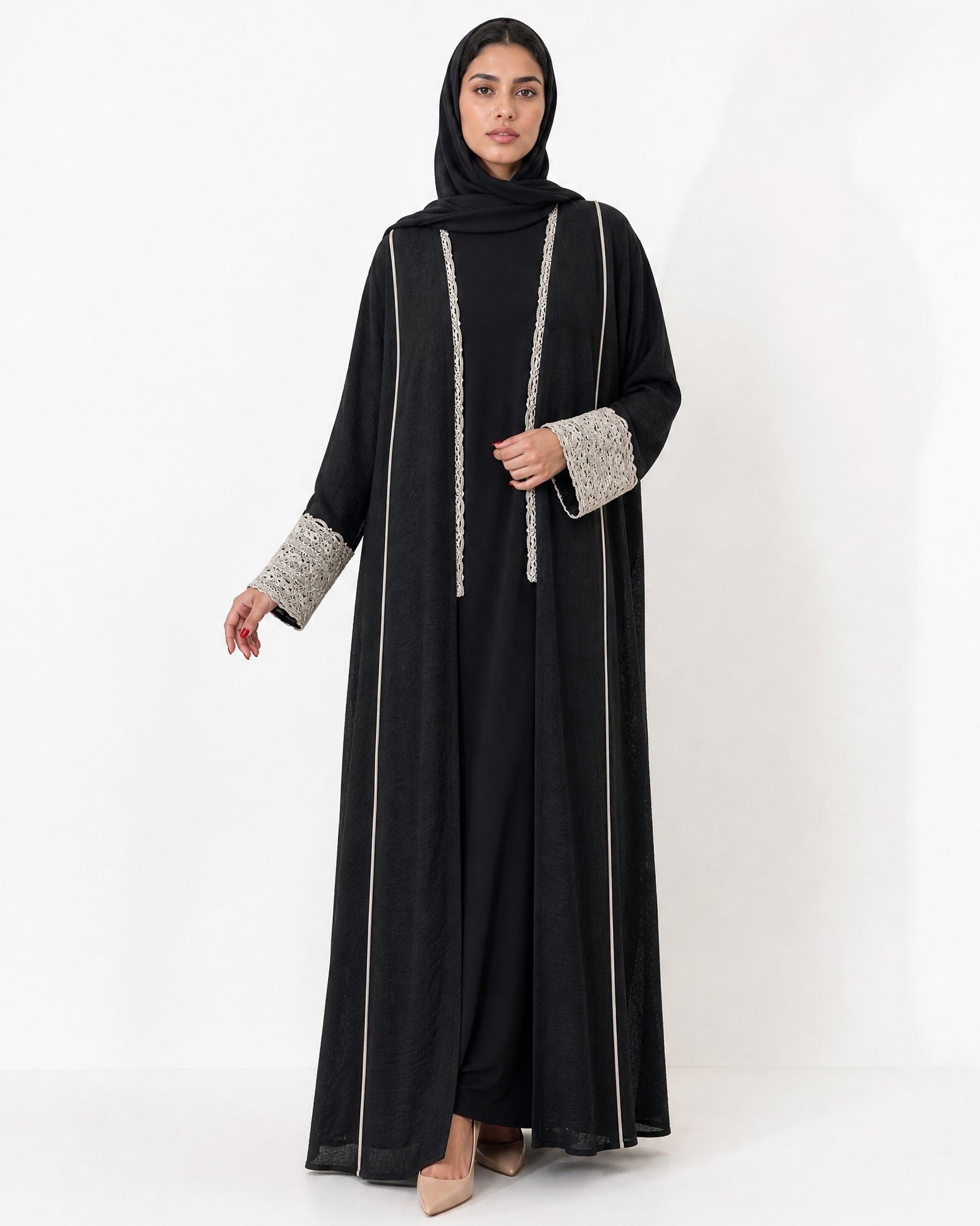 3399180-BK – Black Linen Abaya - PEARL COLLECTION - MIRA Y MANO