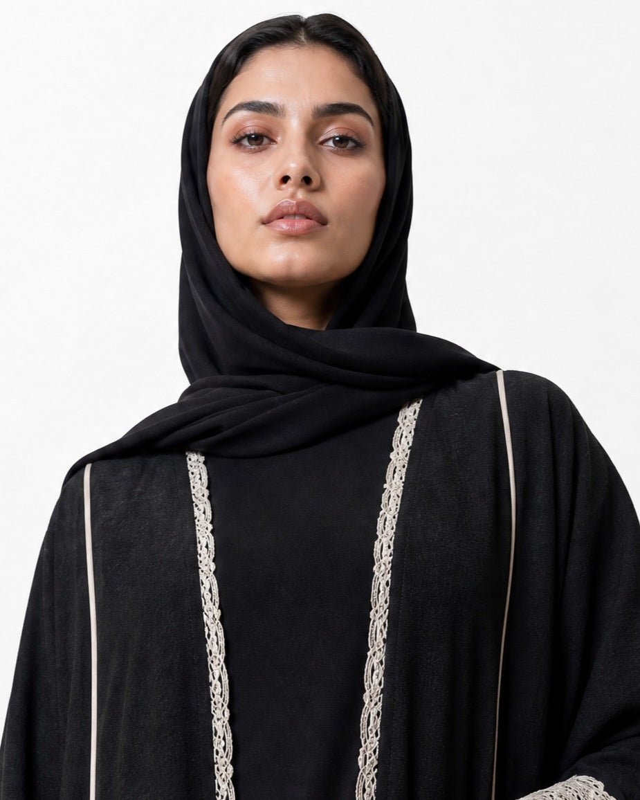 3399180-BK – Black Linen Abaya - PEARL COLLECTION - MIRA Y MANO