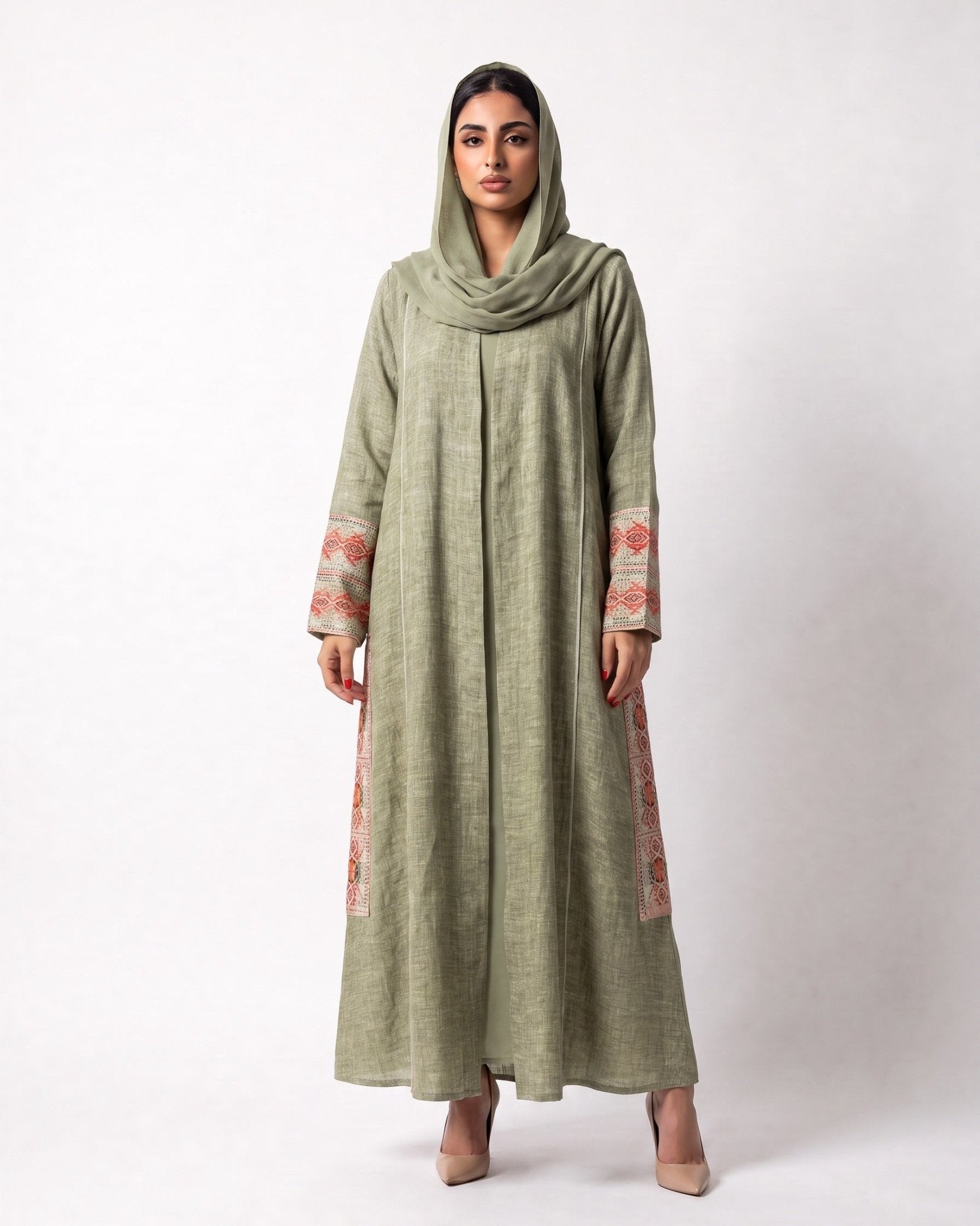 3399180-G – Green Linen Abaya - PEARL COLLECTION - MIRA Y MANO