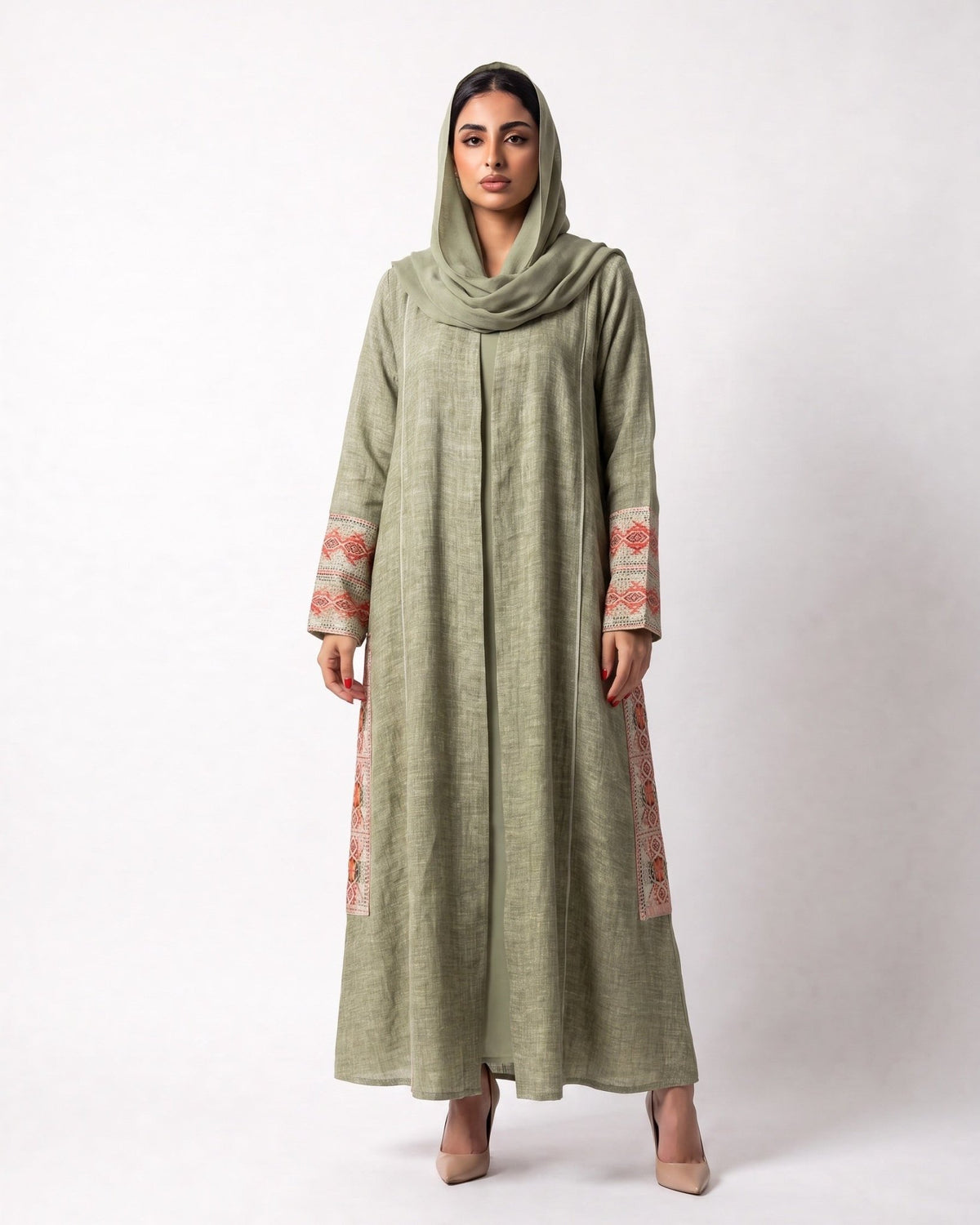 3399180-G – Green Linen Abaya – Product image 1