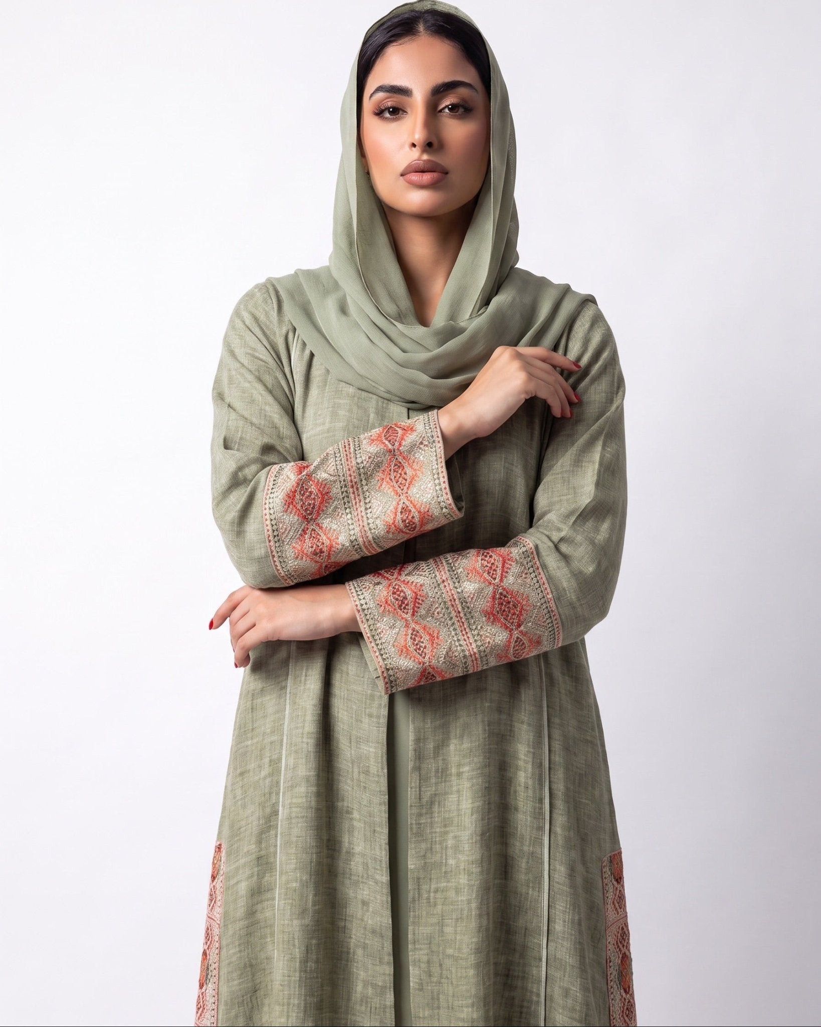3399180-G – Green Linen Abaya – Product image 3