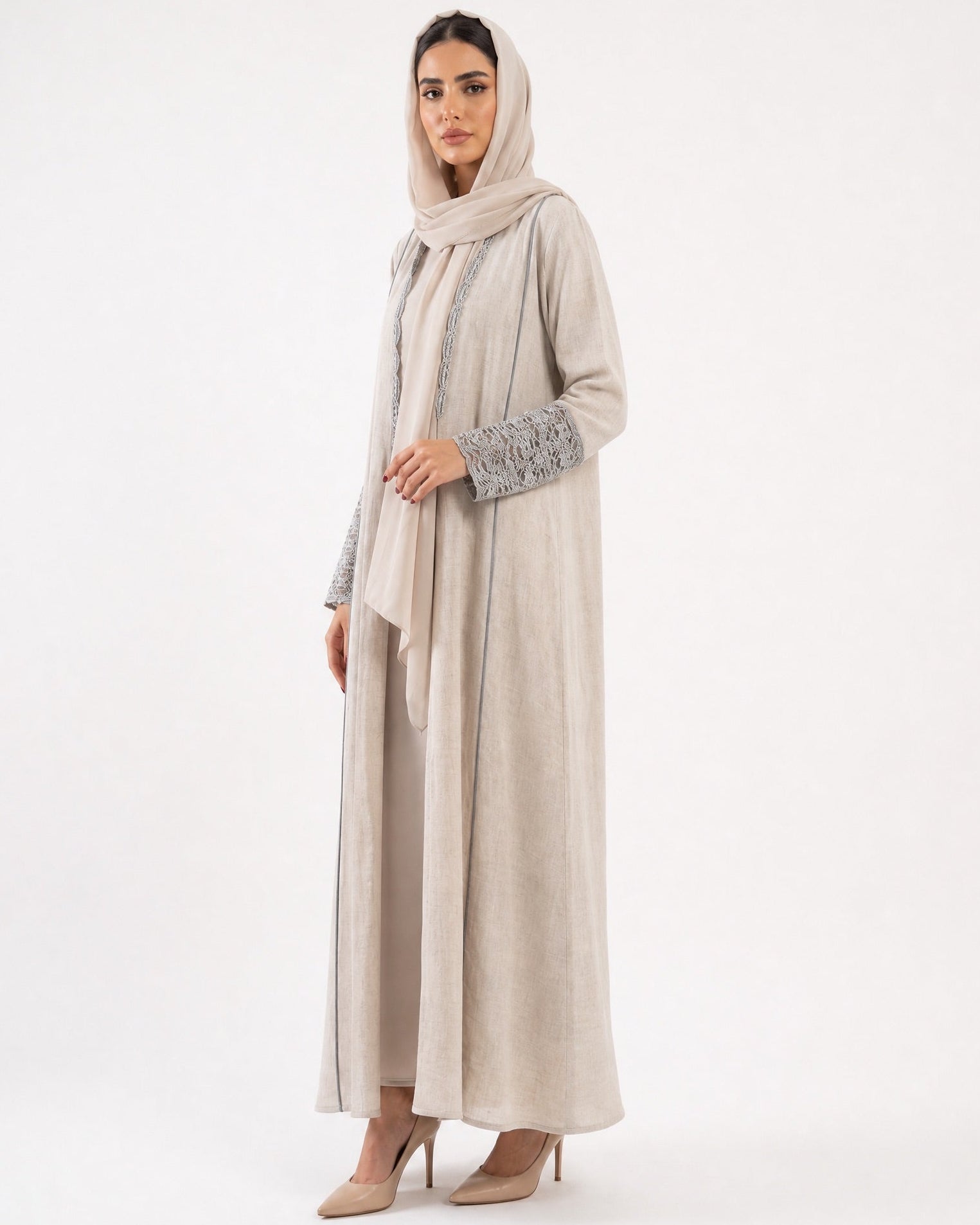 33991801-BE – Beige Linen Abaya - PEARL COLLECTION - MIRA Y MANO