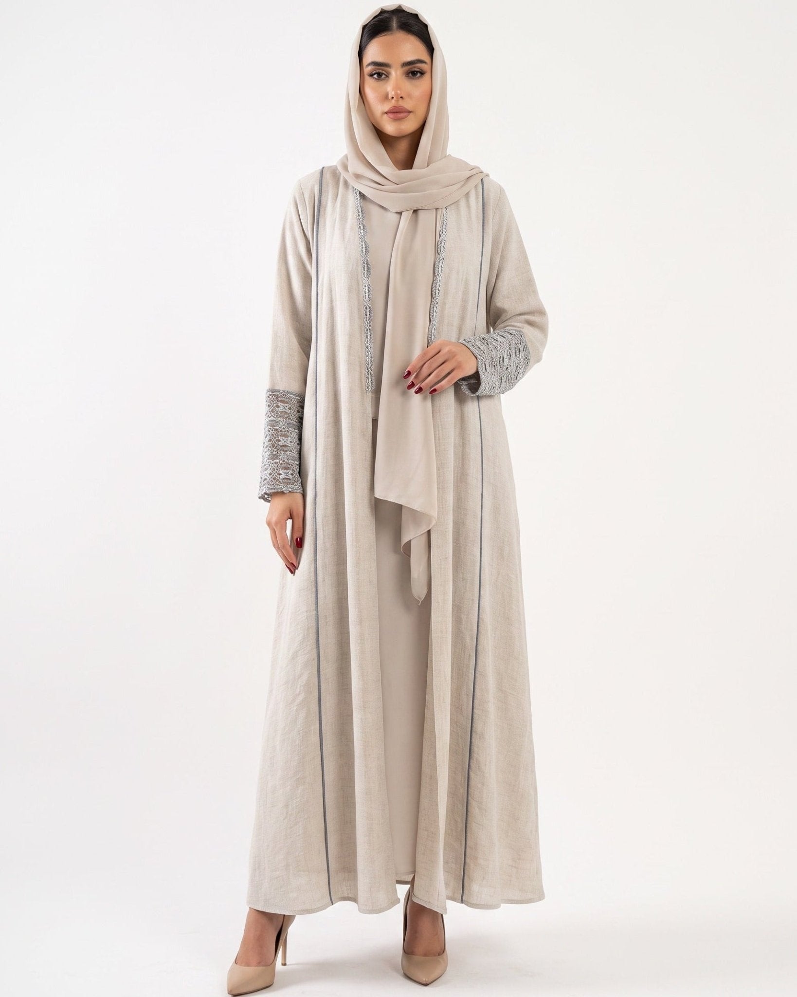 33991801-BE – Beige Linen Abaya - PEARL COLLECTION - MIRA Y MANO