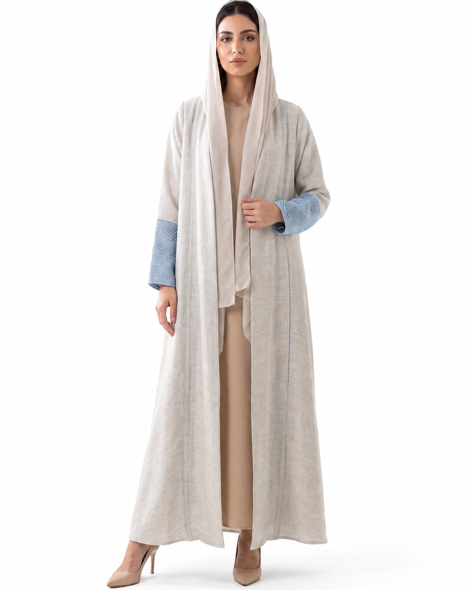 33991801-BL – Beige Linen Abaya - PEARL COLLECTION - MIRA Y MANO