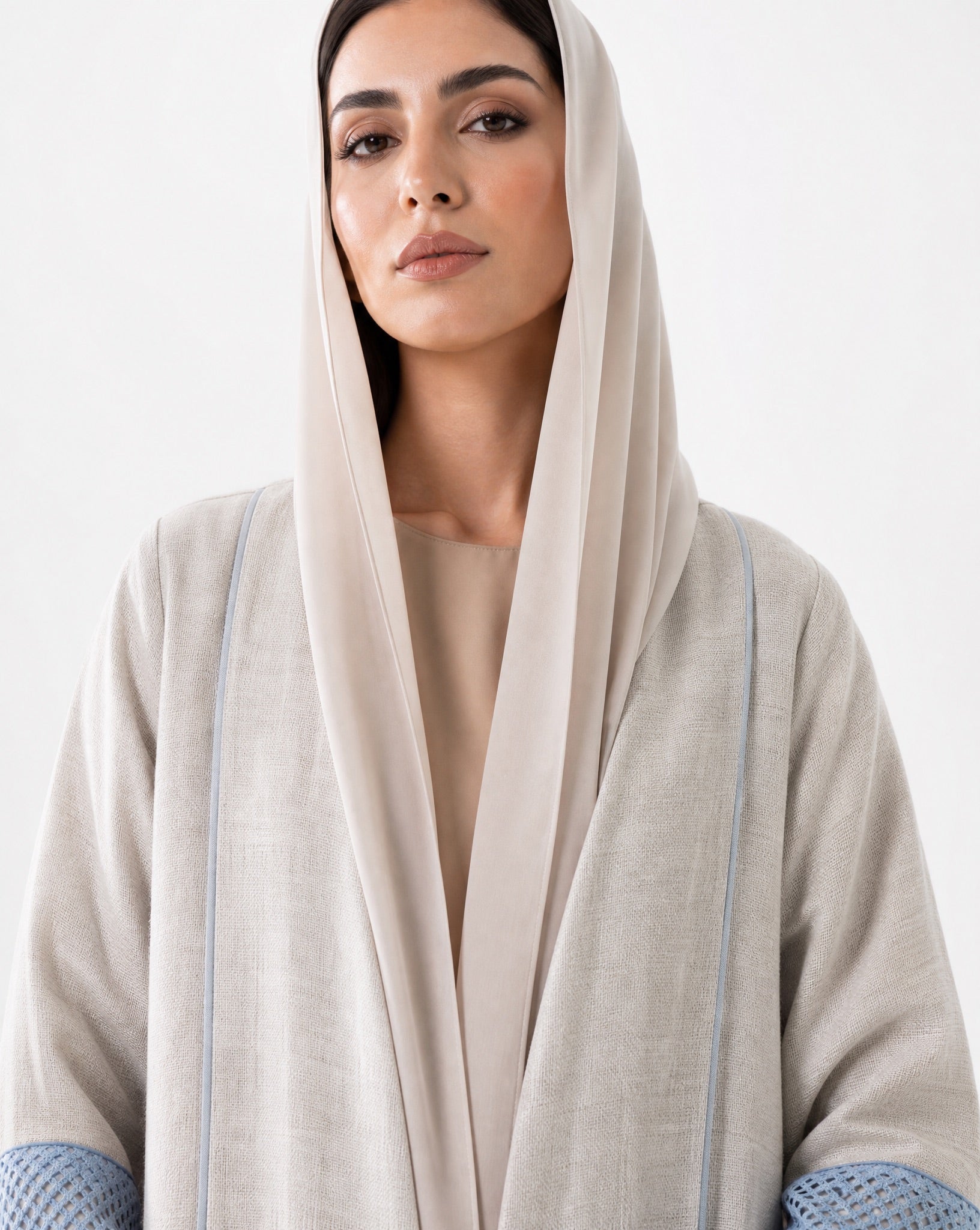 33991801-BL – Beige Linen Abaya - PEARL COLLECTION - MIRA Y MANO