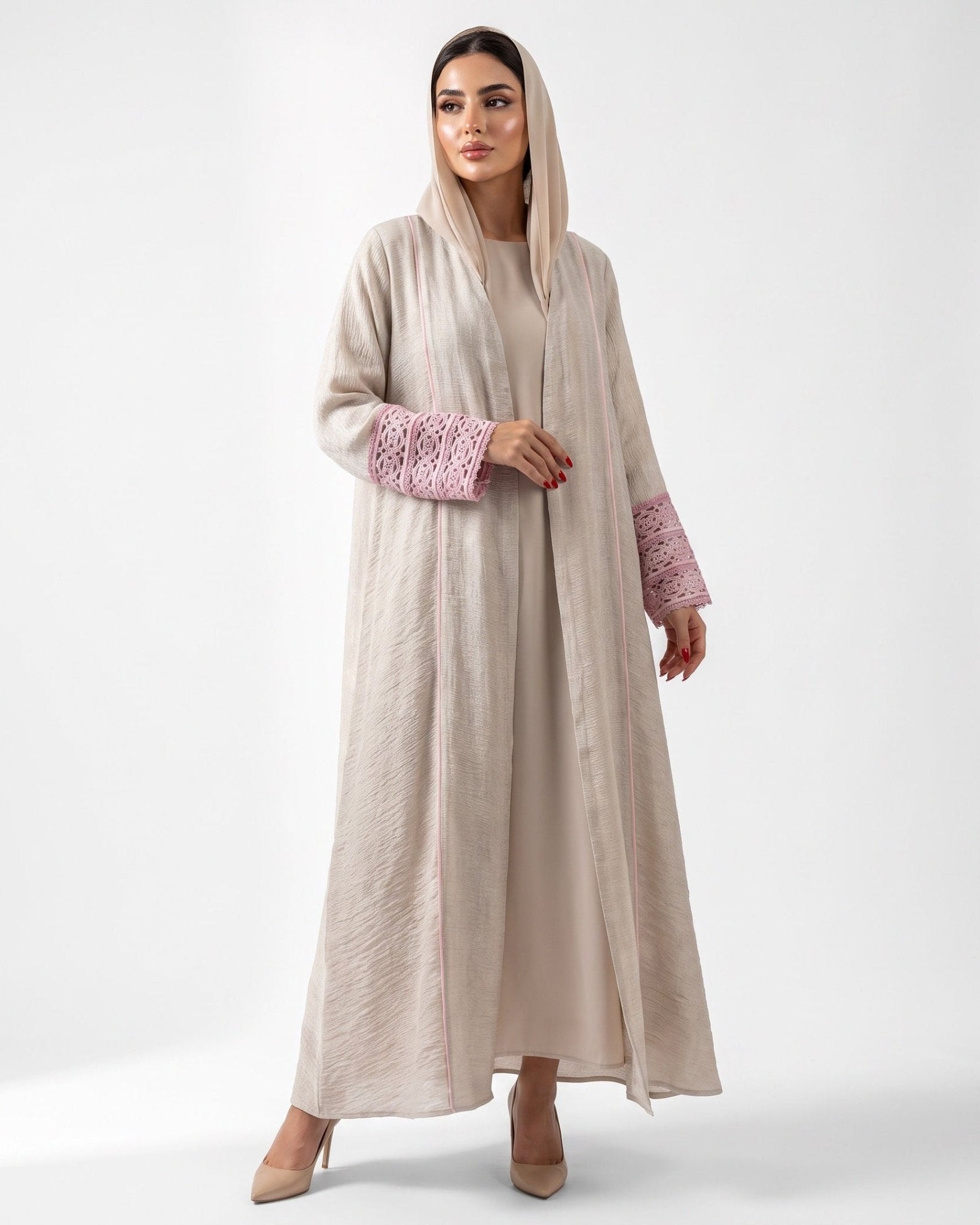 33991801-PK – Beige Linen Abaya - PEARL COLLECTION - MIRA Y MANO