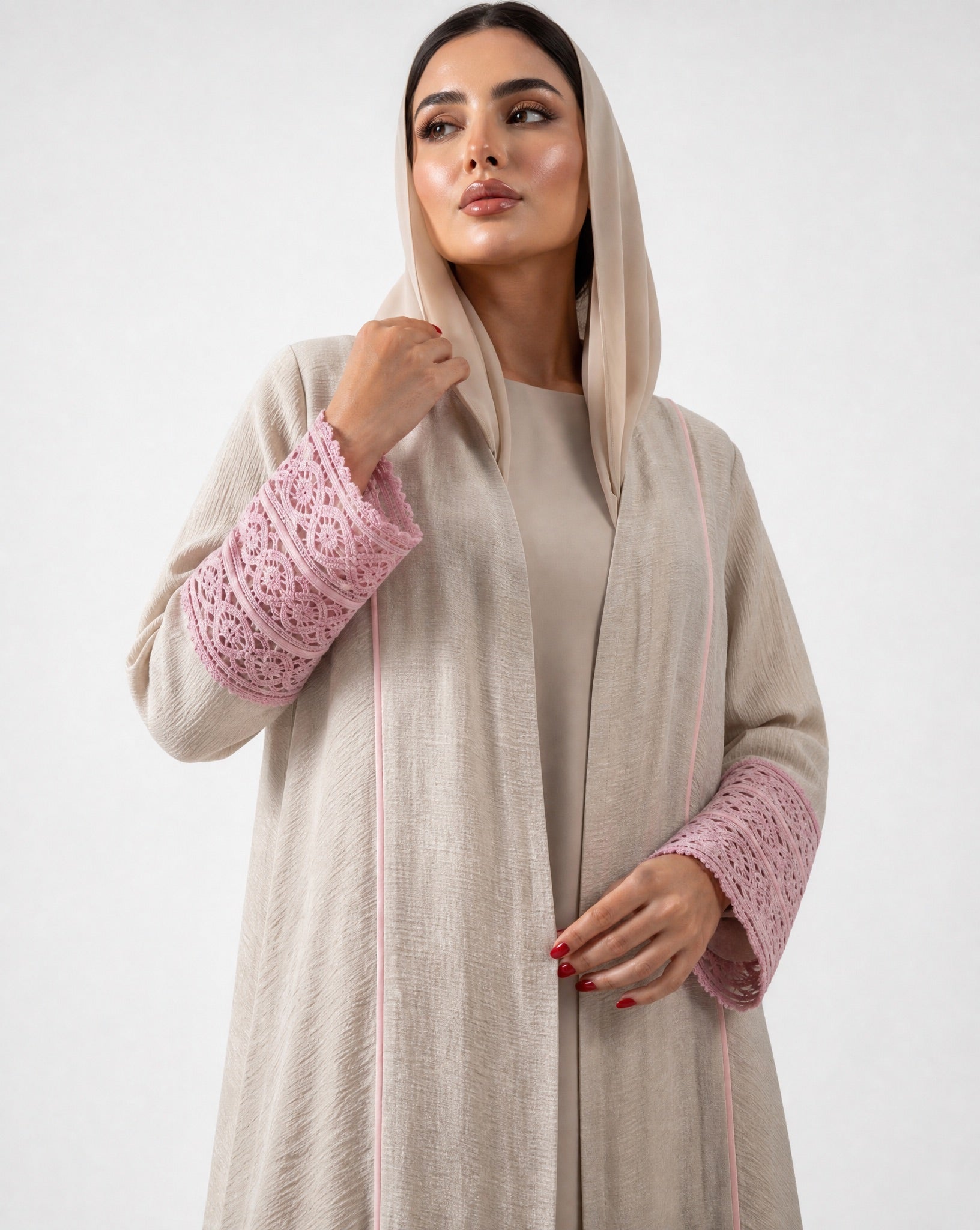 33991801-PK – Beige Linen Abaya - PEARL COLLECTION - MIRA Y MANO