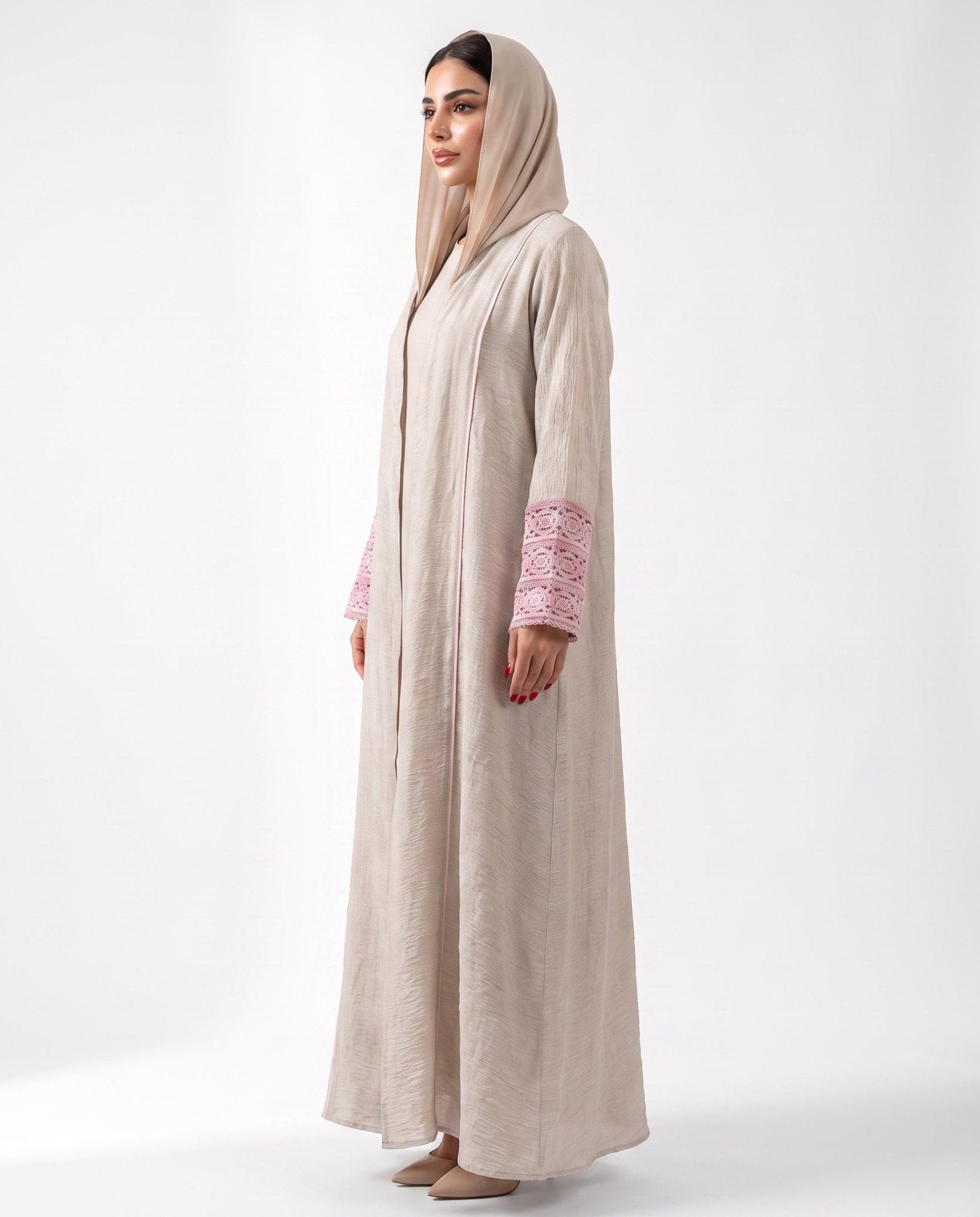 33991801-PK – Beige Linen Abaya - PEARL COLLECTION - MIRA Y MANO