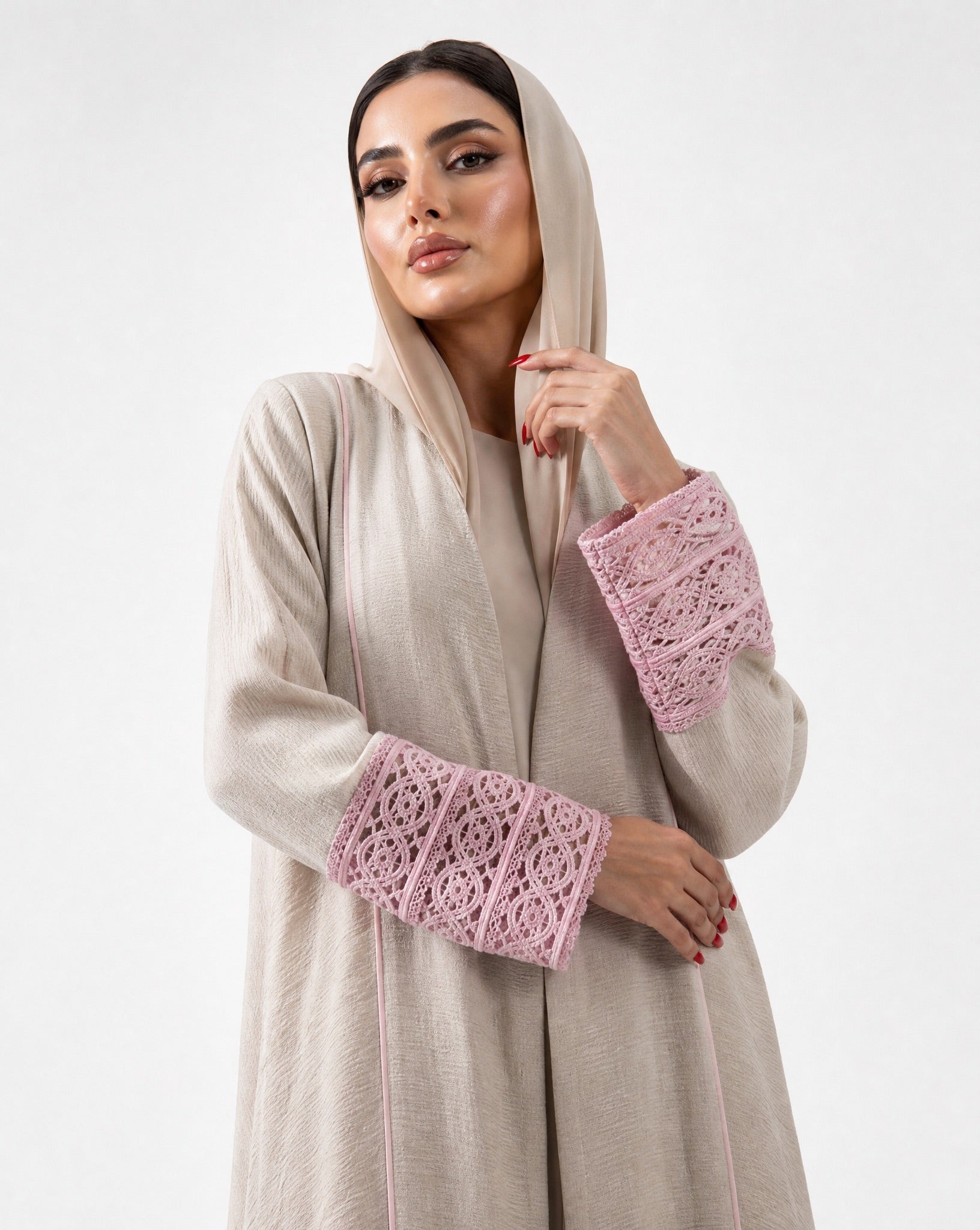 33991801-PK – Beige Linen Abaya - PEARL COLLECTION - MIRA Y MANO