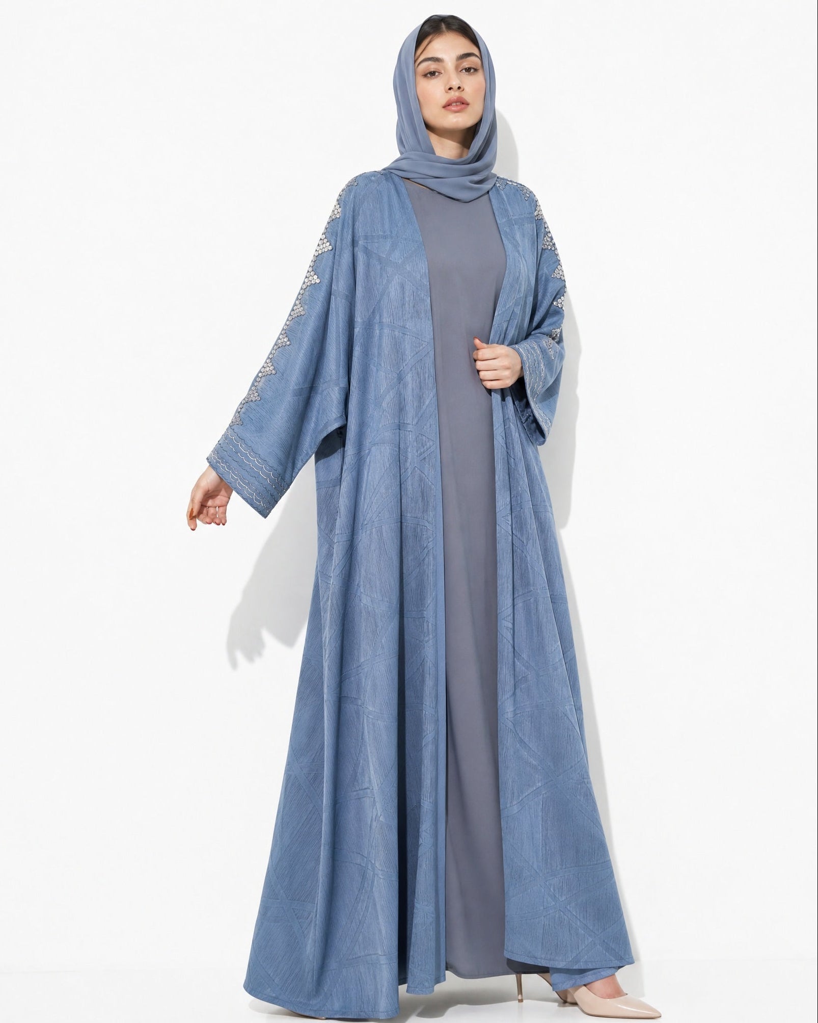 340085-B – Steel Blue Washed Silk Abaya - PEARL COLLECTION - MIRA Y MANO