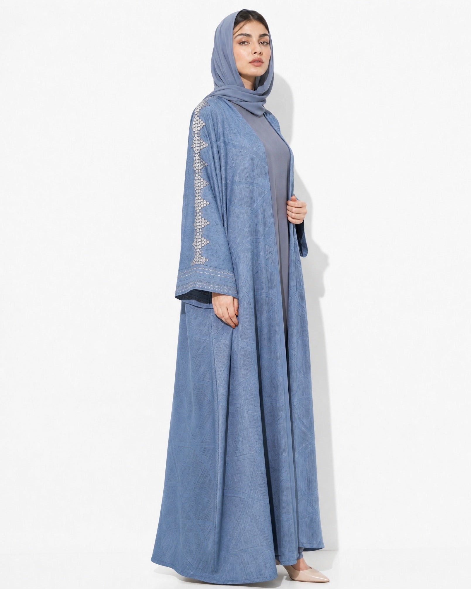 340085-B – Steel Blue Washed Silk Abaya - PEARL COLLECTION - MIRA Y MANO