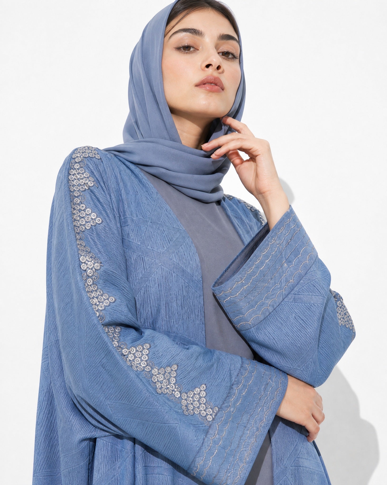 340085-B – Steel Blue Washed Silk Abaya - PEARL COLLECTION - MIRA Y MANO