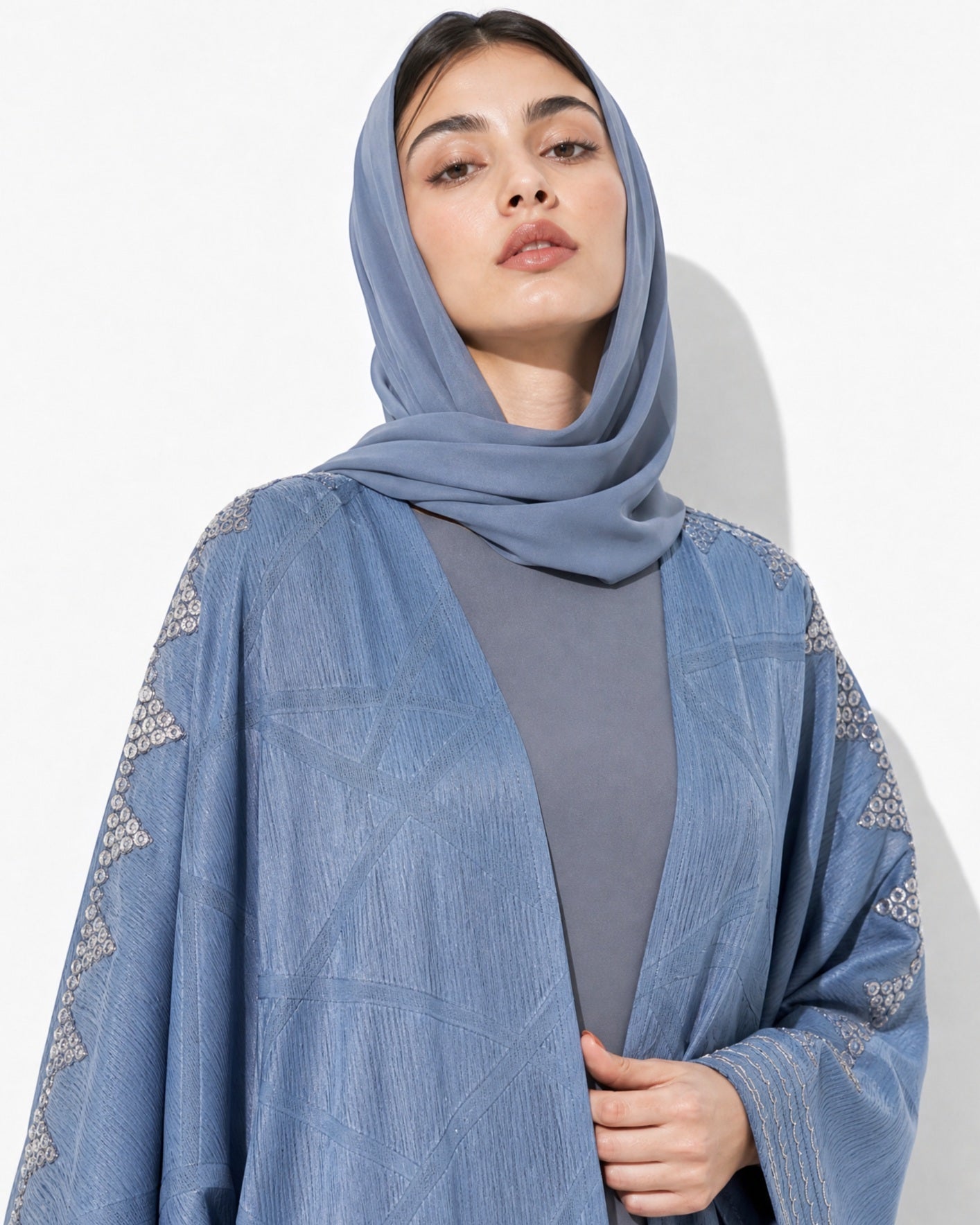 340085-B – Steel Blue Washed Silk Abaya - PEARL COLLECTION - MIRA Y MANO