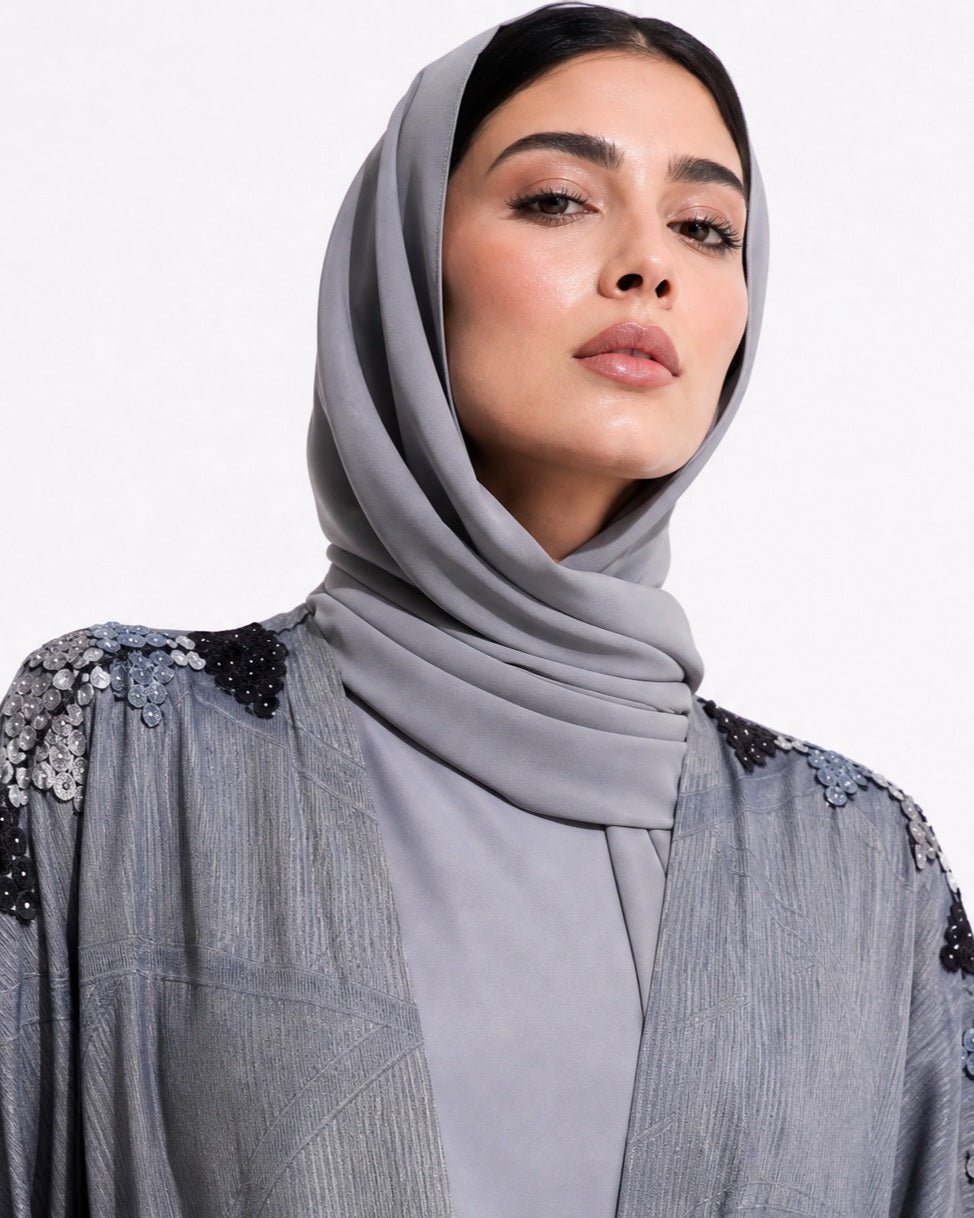 340085-G – Dark Gray Washed Silk Abaya - PEARL COLLECTION - MIRA Y MANO