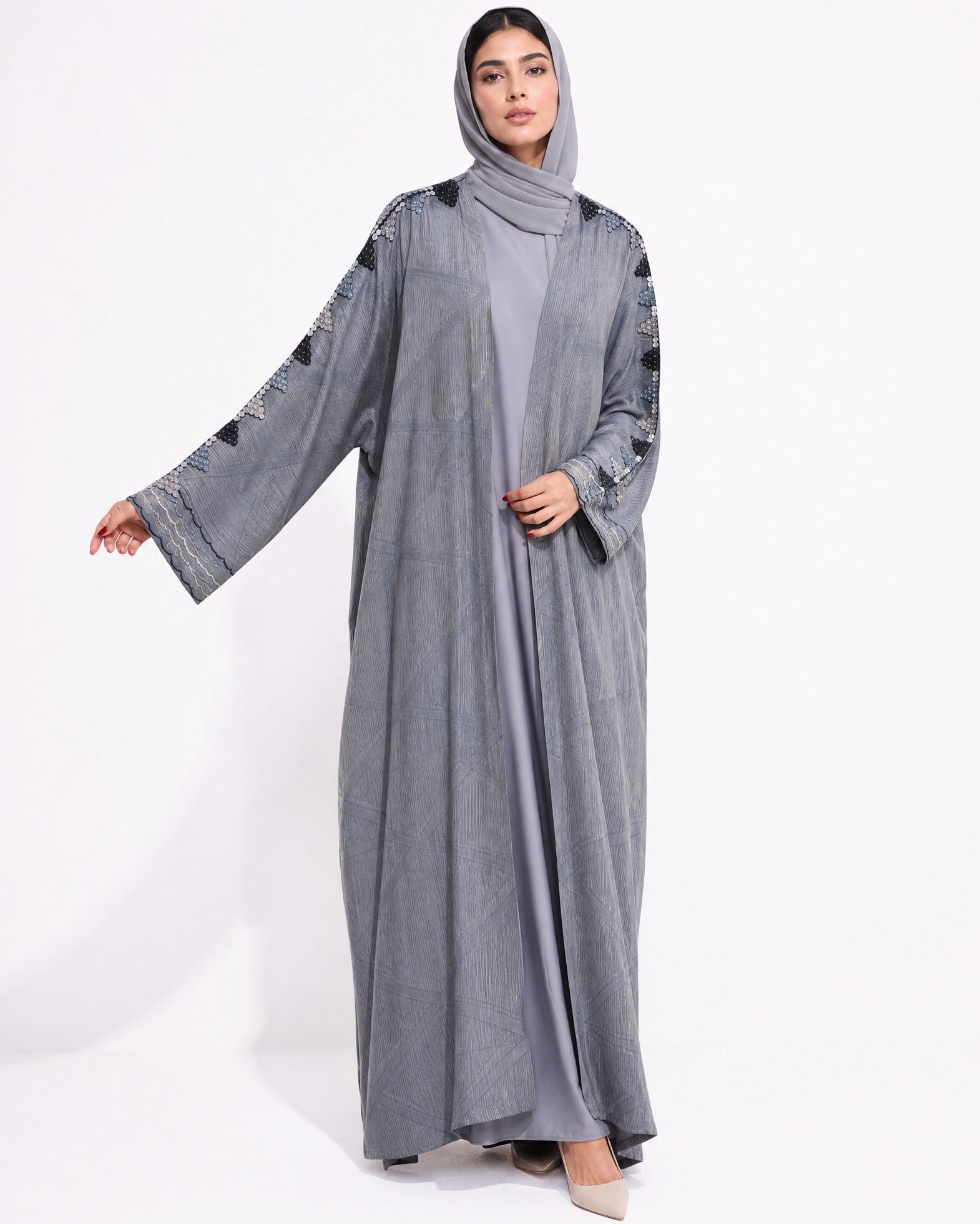 340085-G – Dark Gray Washed Silk Abaya - PEARL COLLECTION - MIRA Y MANO