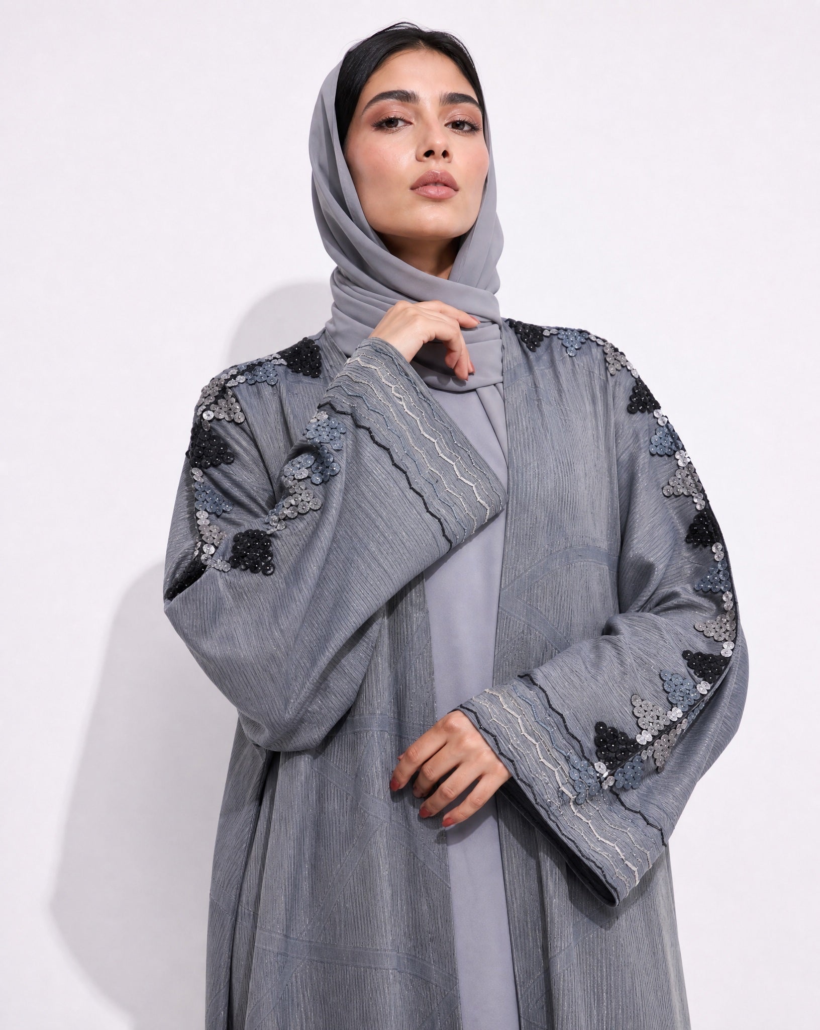 340085-G – Dark Gray Washed Silk Abaya - PEARL COLLECTION - MIRA Y MANO