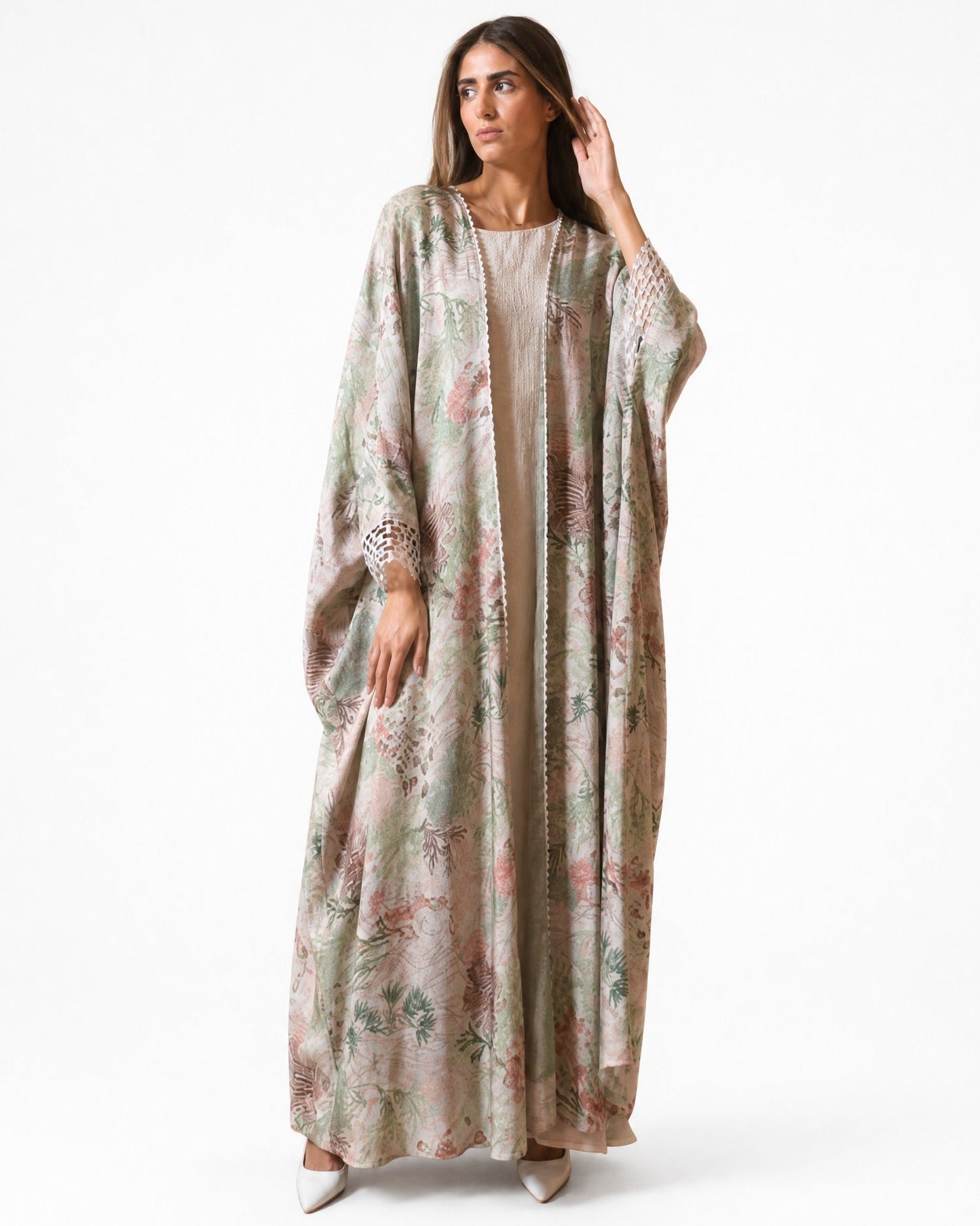 340090-DSG - Dark Sea Green Linen Abaya - PEARL COLLECTION - MIRA Y MANO