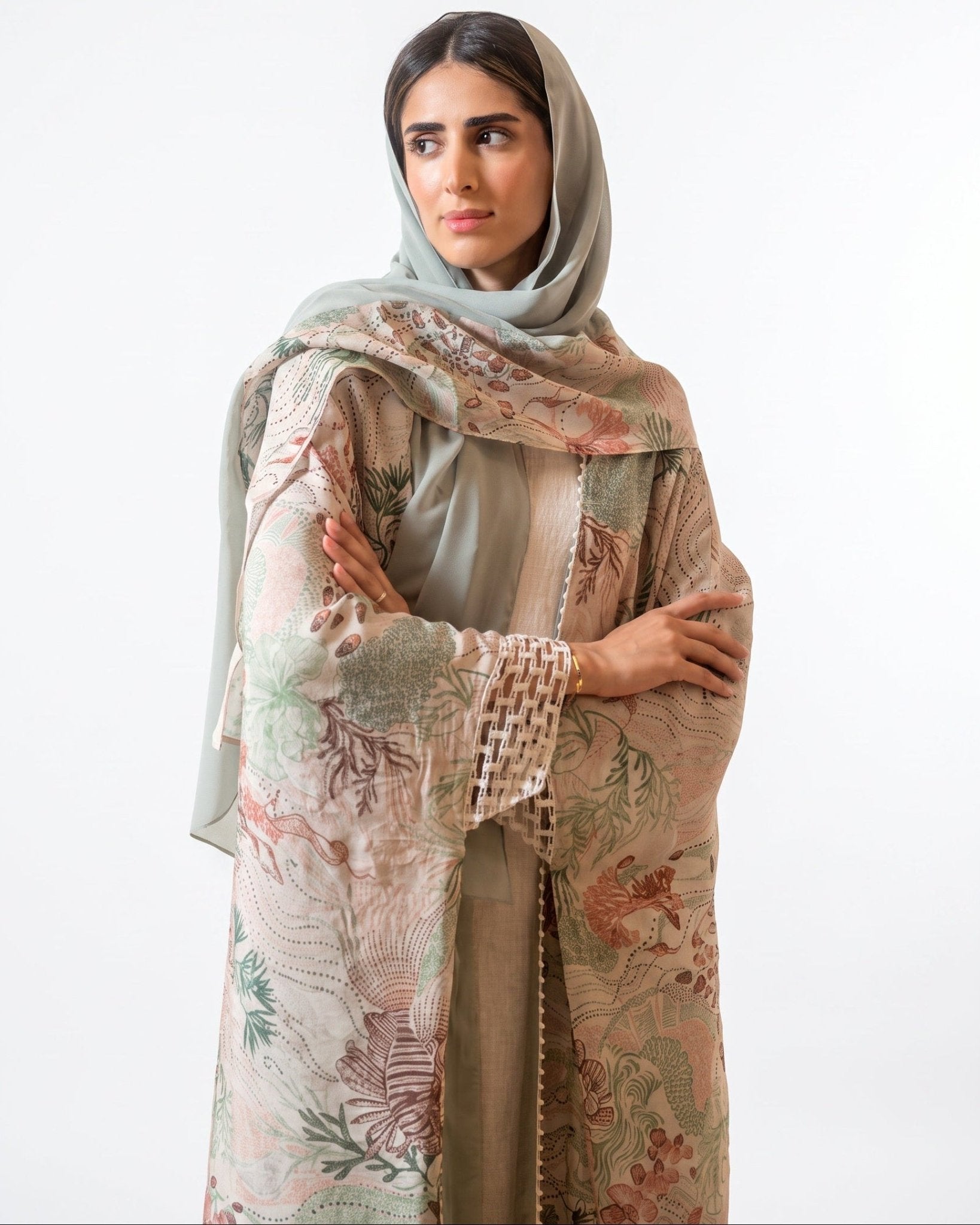 340090-DSG - Dark Sea Green Linen Abaya - PEARL COLLECTION - MIRA Y MANO