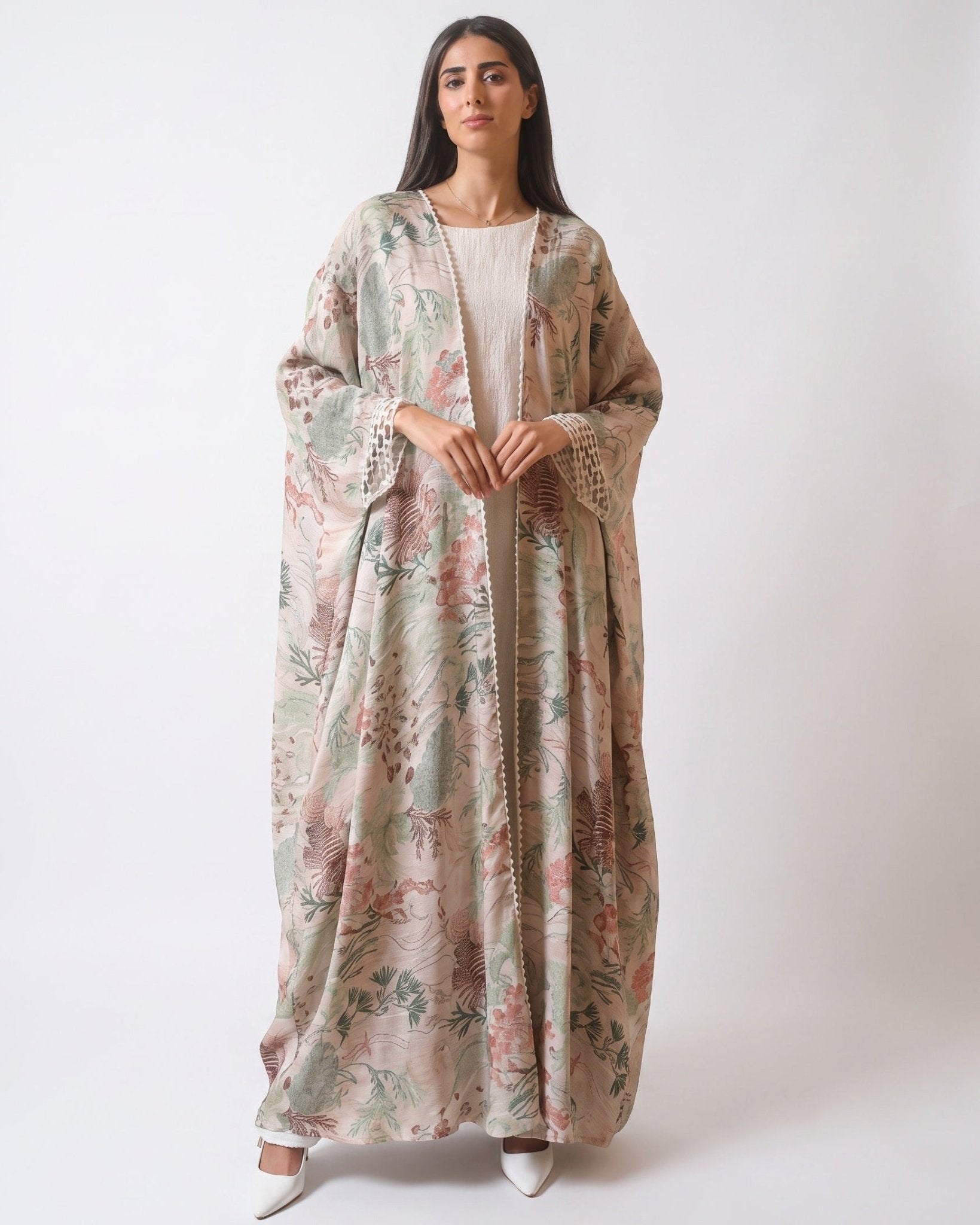 340090-DSG - Dark Sea Green Linen Abaya - PEARL COLLECTION - MIRA Y MANO